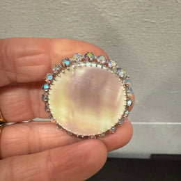Vintage Mother Of Pearl & Crystal Brooch
