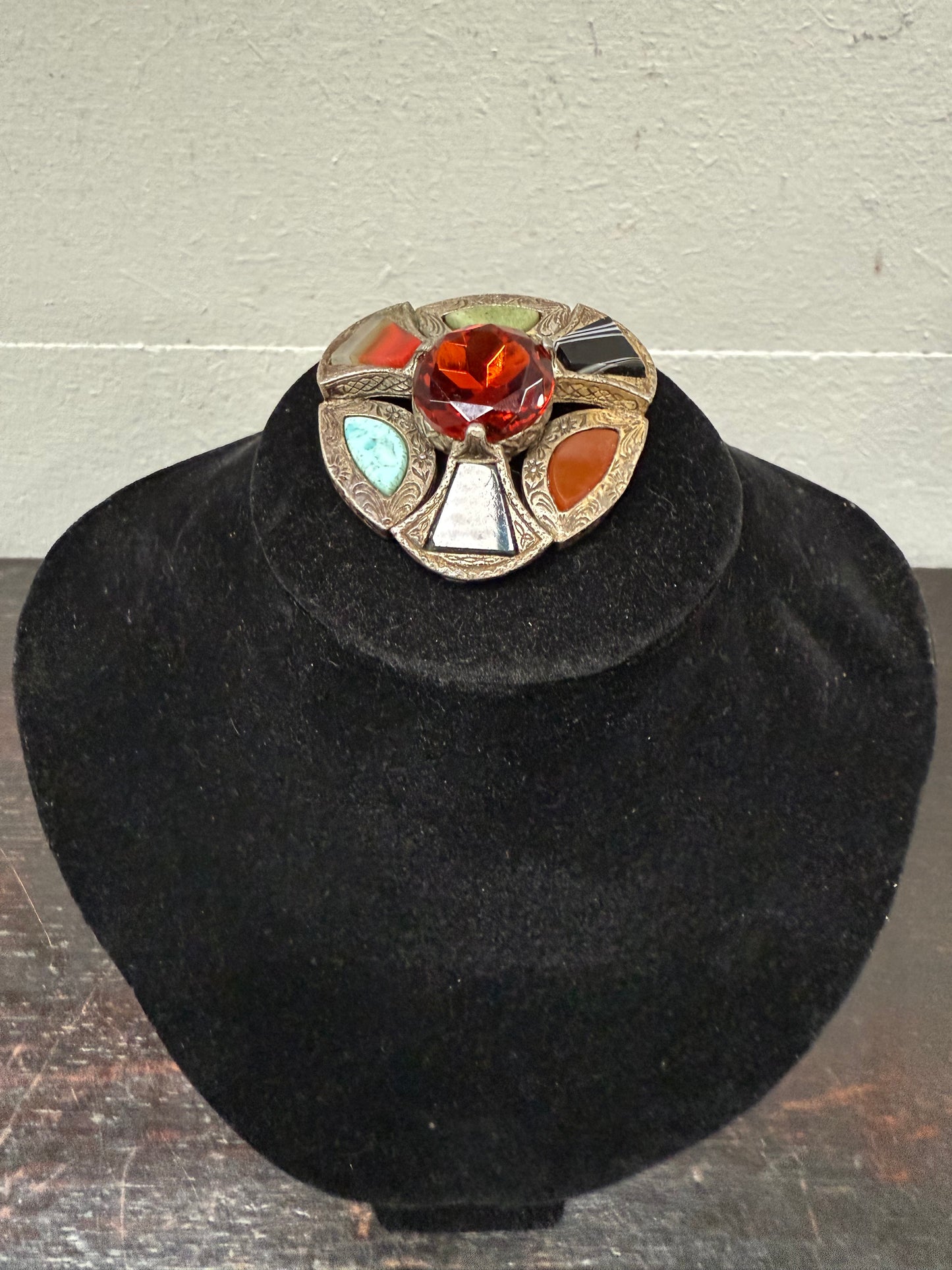 Vintage Scottish/Celtic Amber & Agate Style Glass Brooch