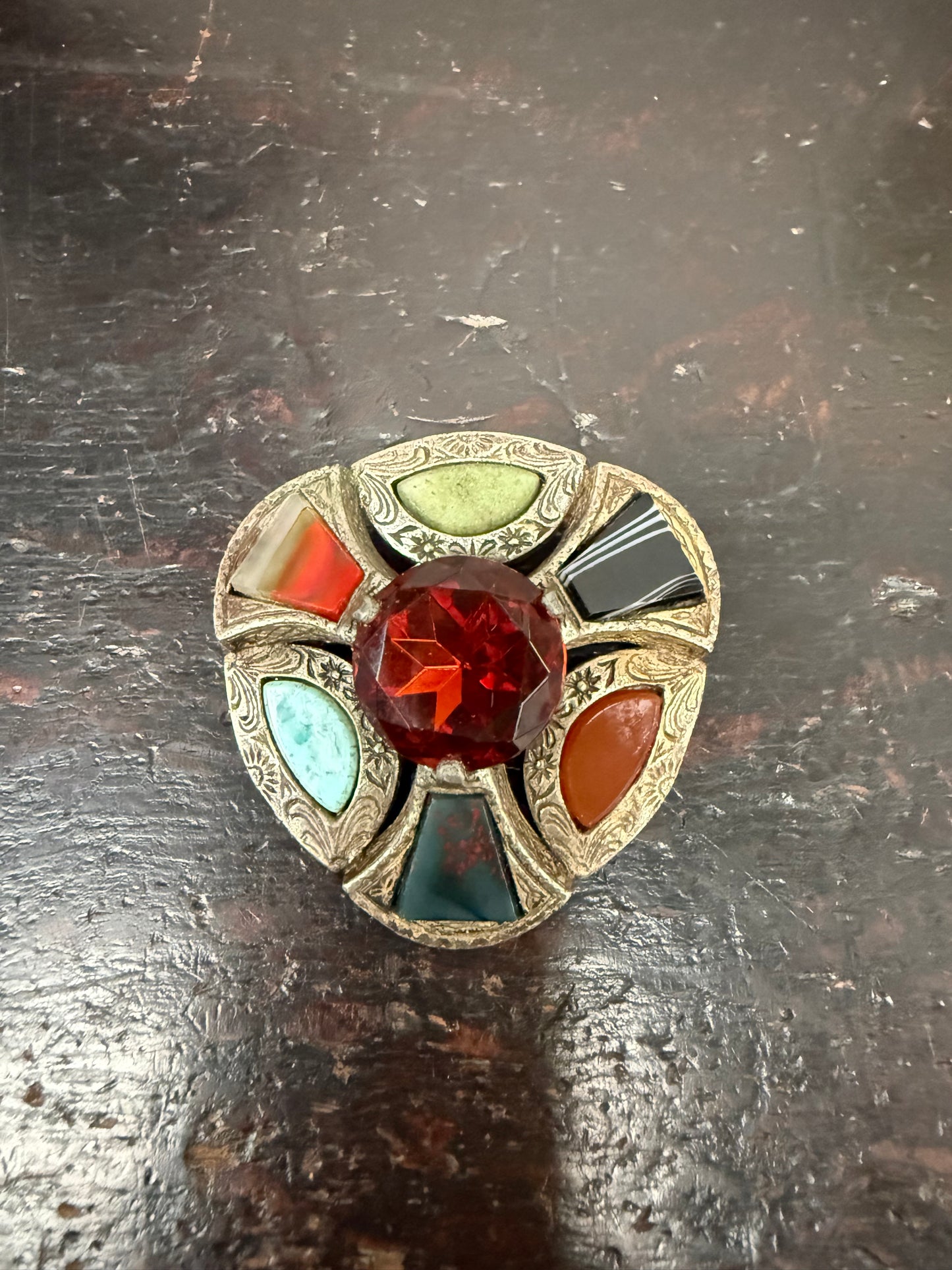 Vintage Scottish/Celtic Amber & Agate Style Glass Brooch