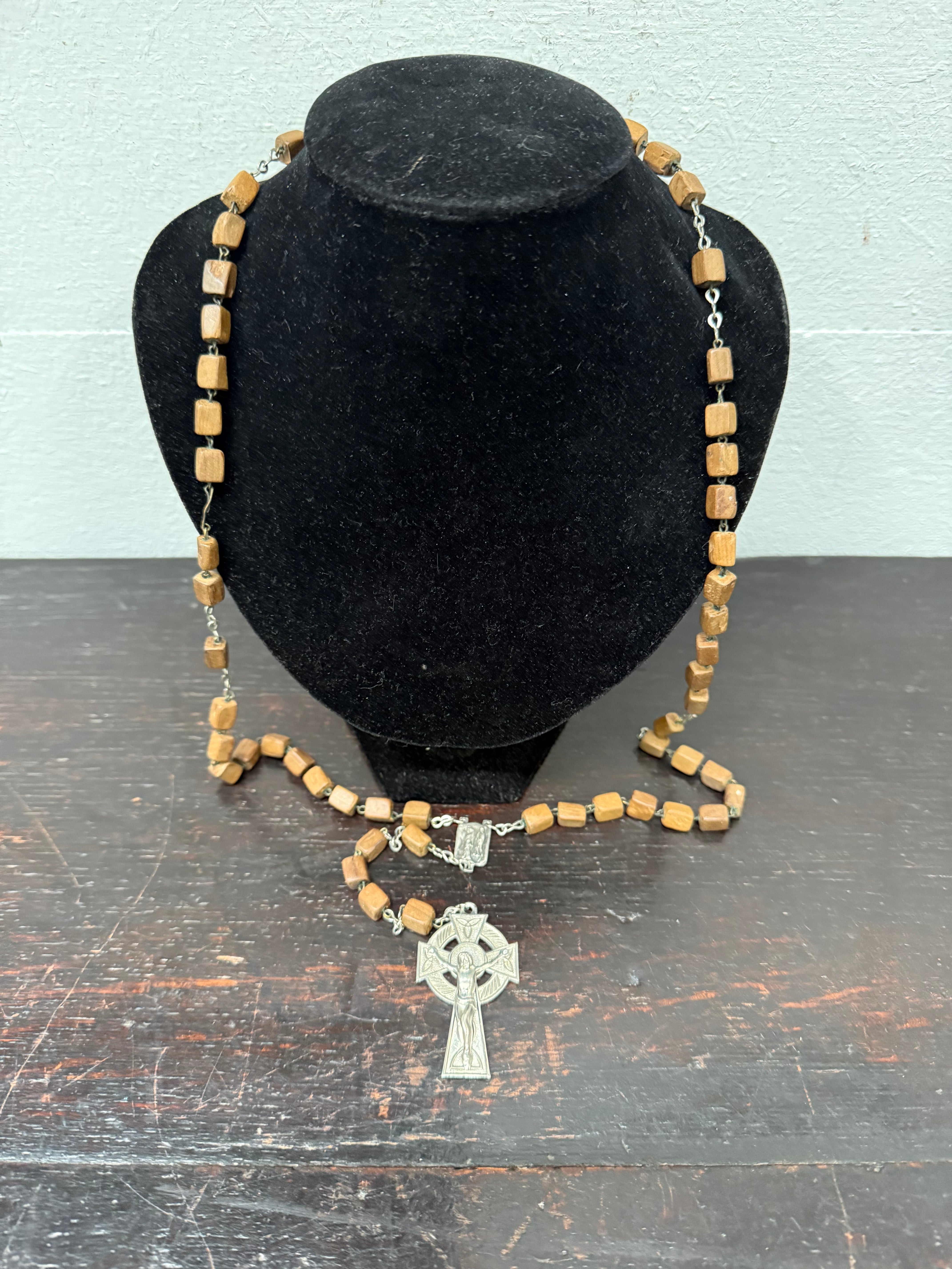Vintage Wooden & Silver Colored Cross Rosary