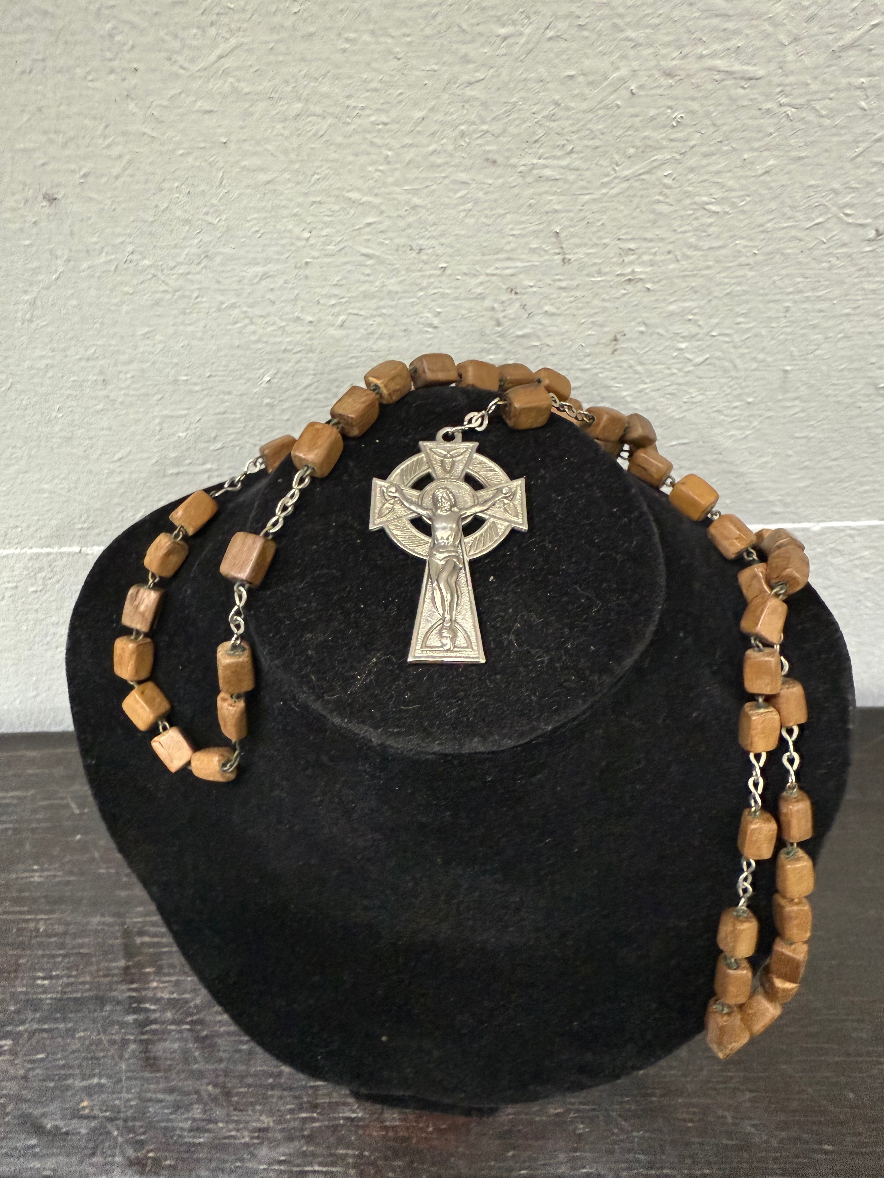Vintage Wooden & Silver Colored Cross Rosary