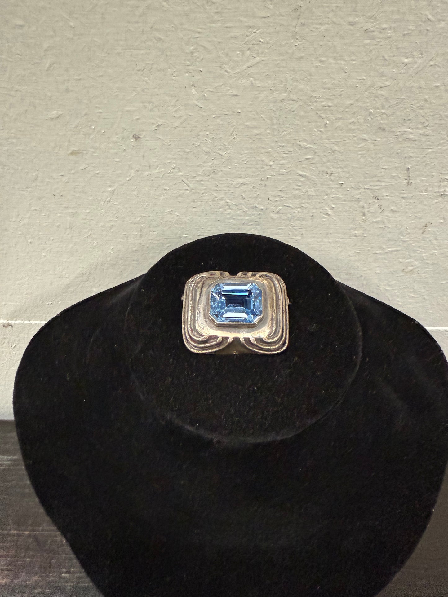 Vintage Silver Coloured Brooch With Blue Stone