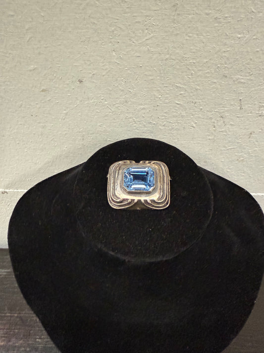 Vintage Silver Coloured Brooch With Blue Stone