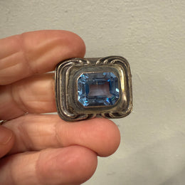 Vintage Silver Coloured Brooch With Blue Stone