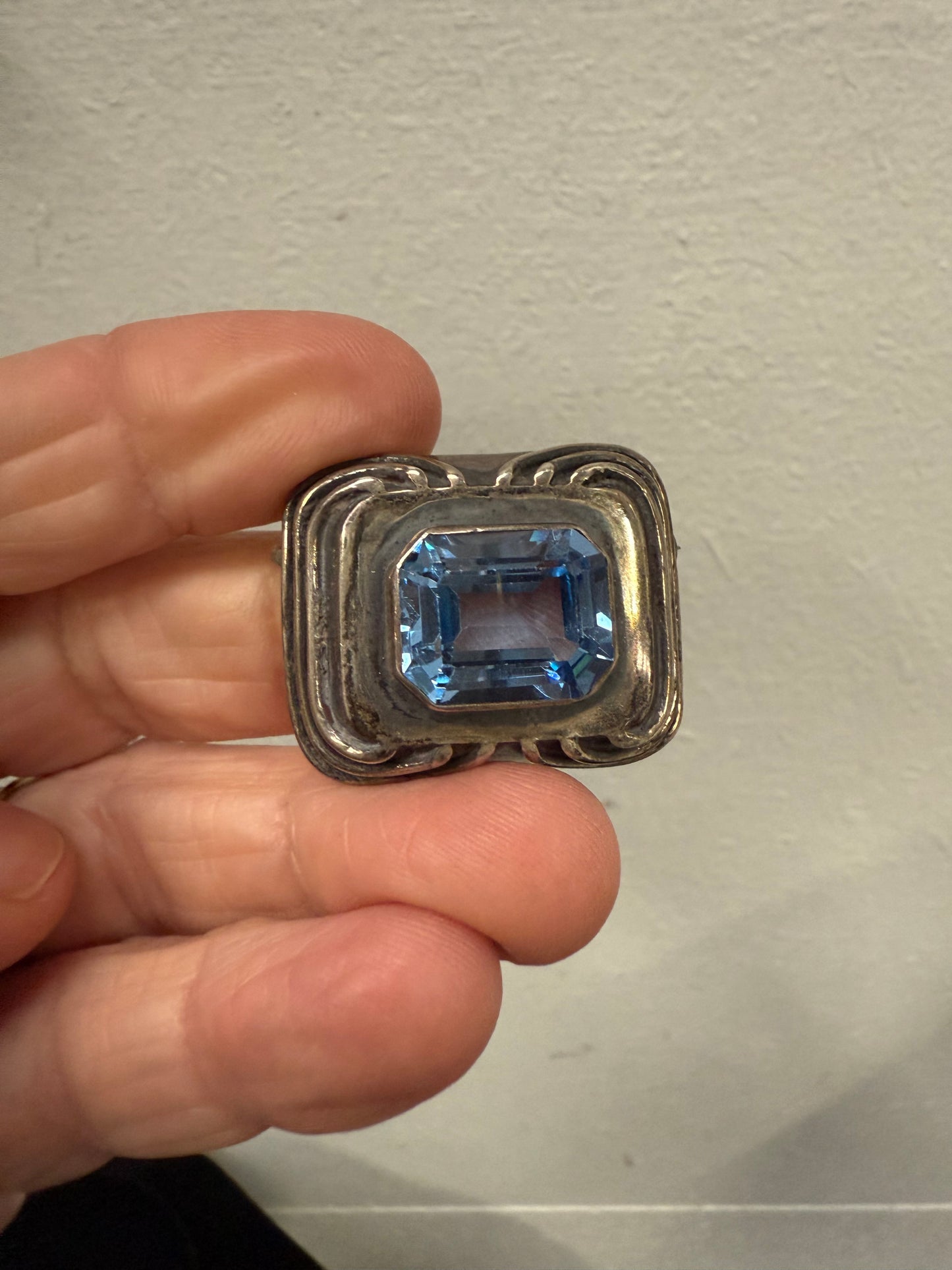 Vintage Silver Coloured Brooch With Blue Stone