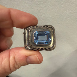 Vintage Silver Coloured Brooch With Blue Stone