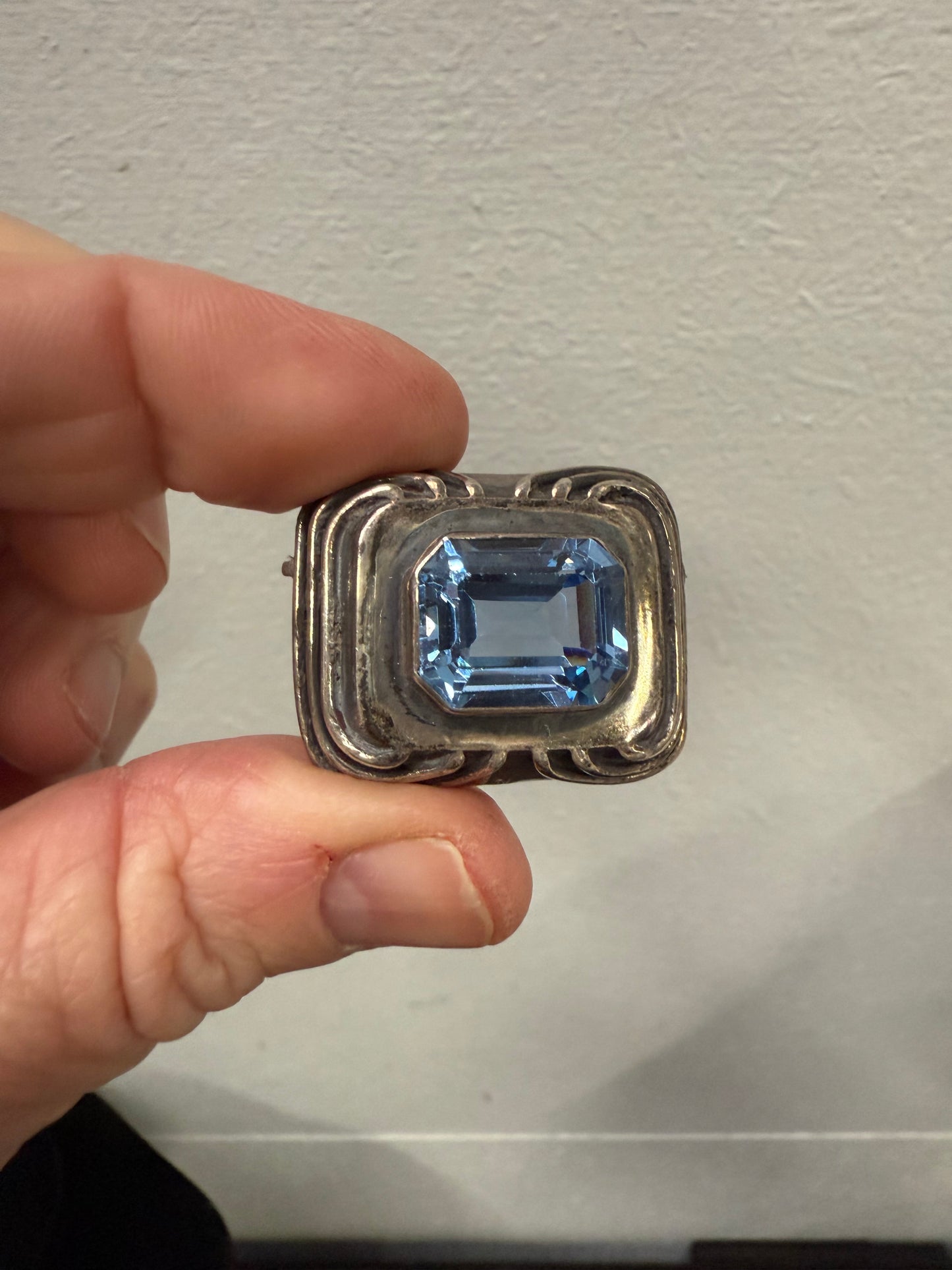 Vintage Silver Coloured Brooch With Blue Stone