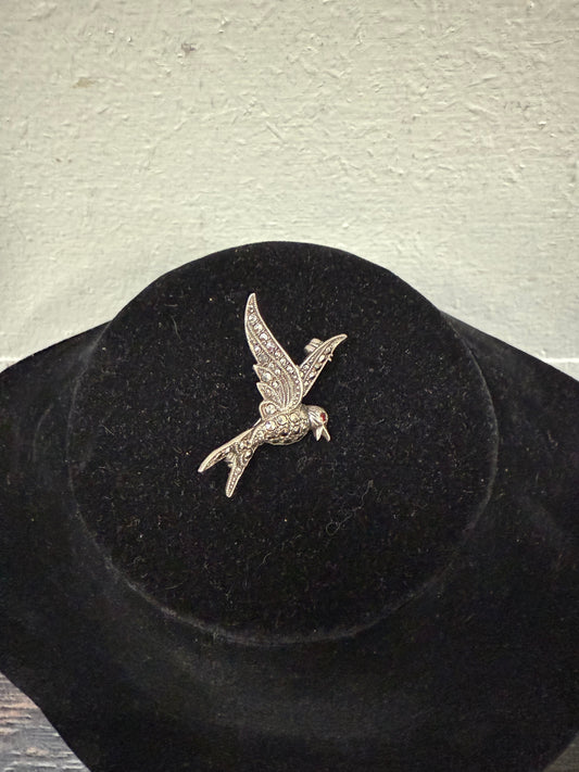 Vintage Silver & Marcasite Bird Brooch With Ruby Eye