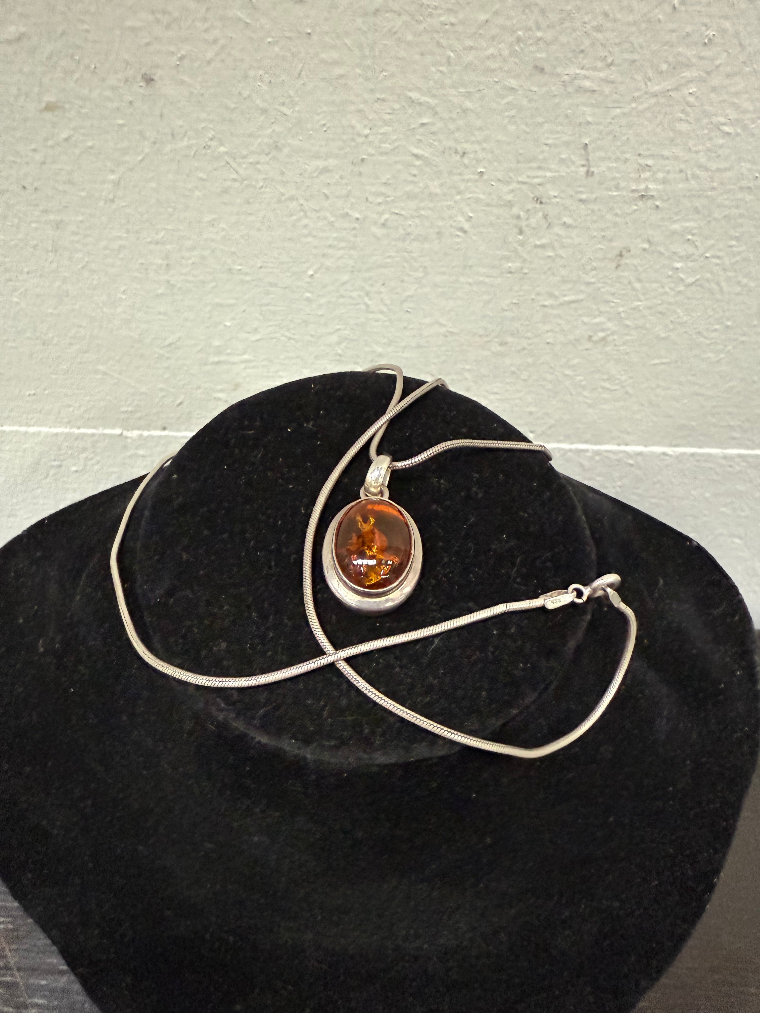 Vintage Sterling Silver & Baltic Amber Pendant & Chain | Antique & Vintage | Moonee Ponds Antiques | Australia Wide Delivery