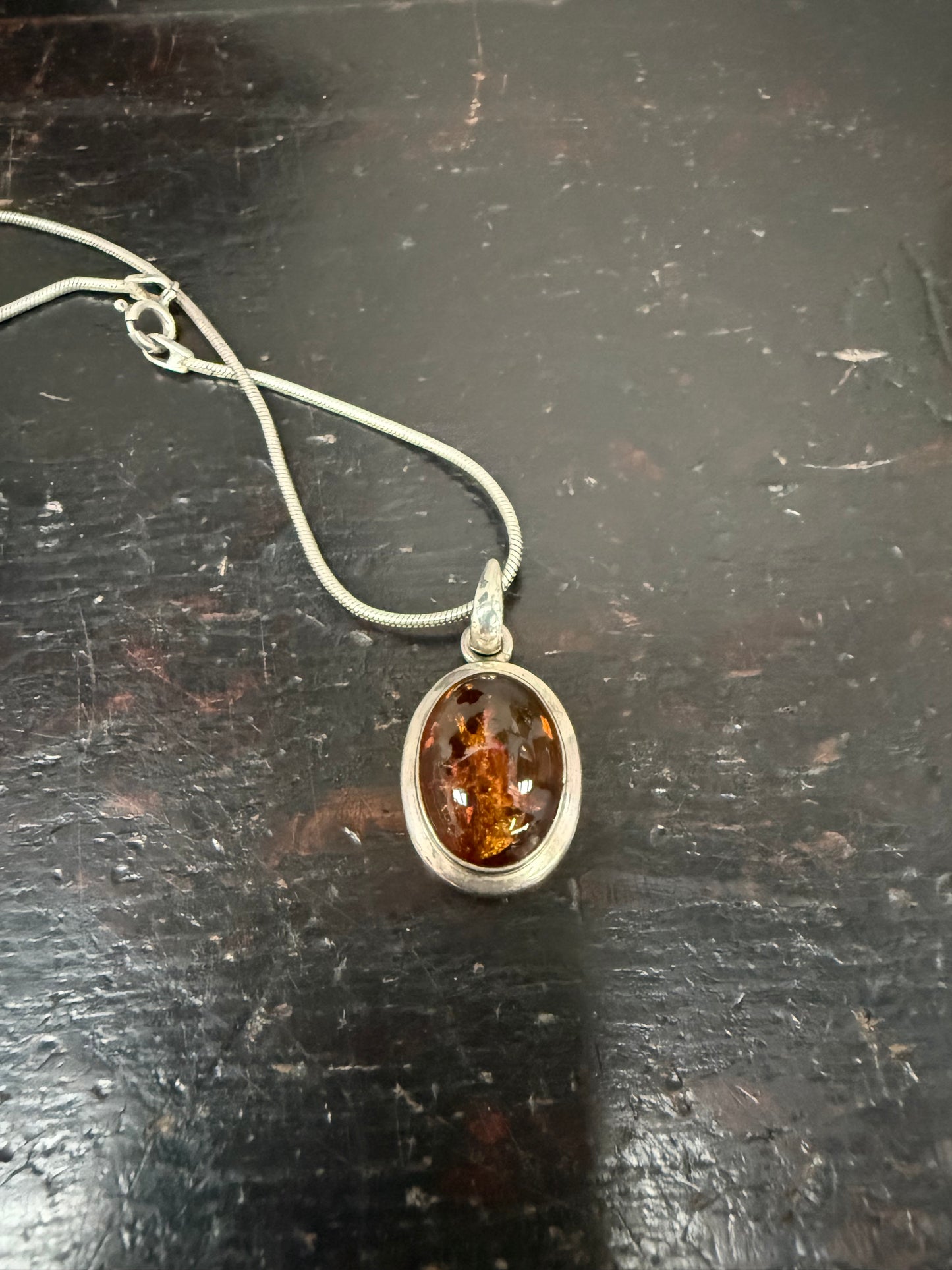 Vintage Sterling Silver & Baltic Amber Pendant & Chain