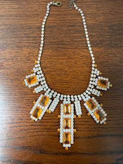Vintage "Lilien" Czech Rhinestone & Amber Glass Necklace