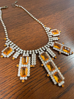 Vintage "Lilien" Czech Rhinestone & Amber Glass Necklace