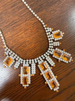 Vintage "Lilien" Czech Rhinestone & Amber Glass Necklace