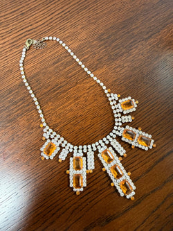 Vintage "Lilien" Czech Rhinestone & Amber Glass Necklace