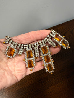 Vintage "Lilien" Czech Rhinestone & Amber Glass Necklace
