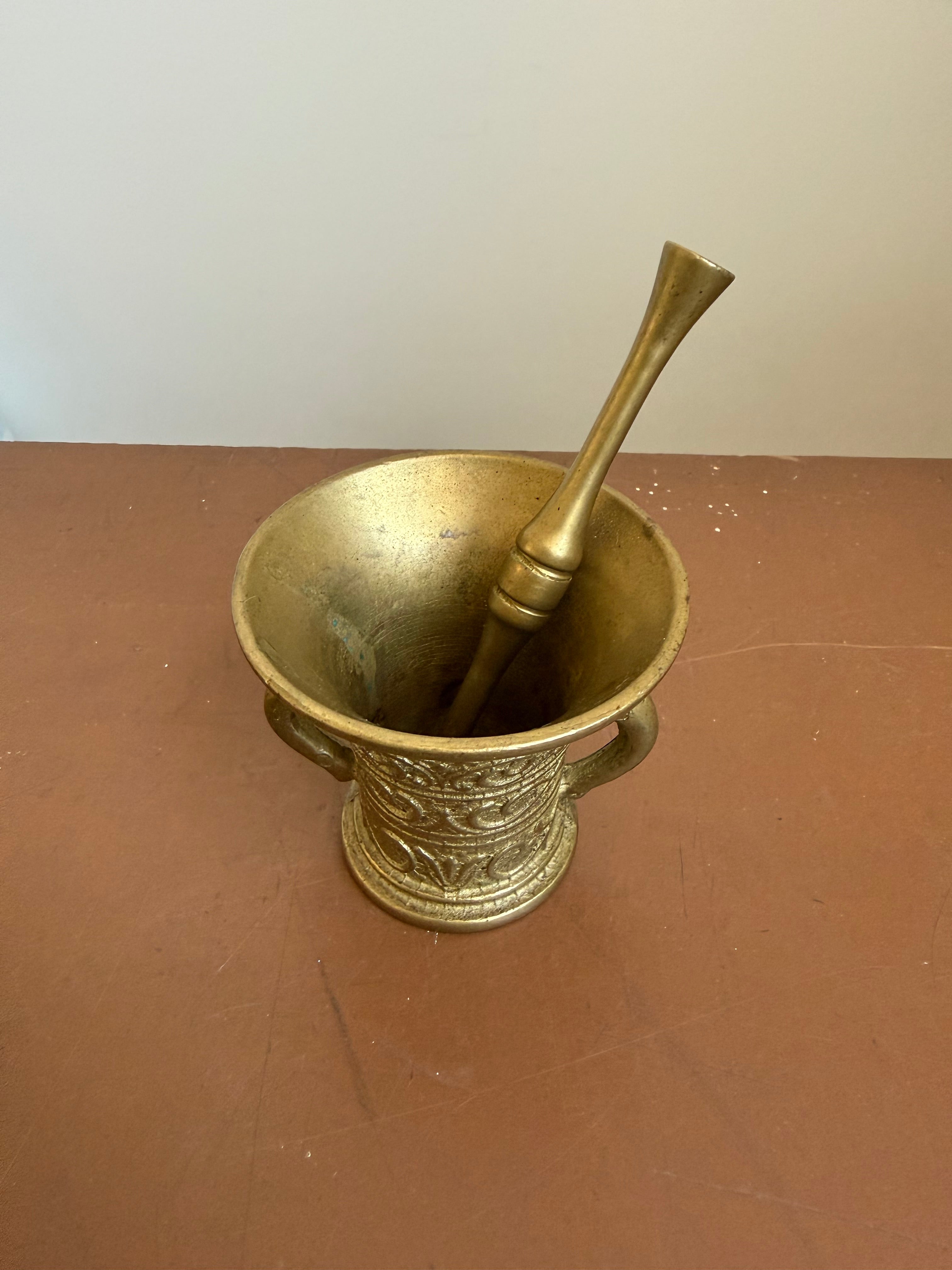 Vintage Mortar & Pestle In Engraved Brass
