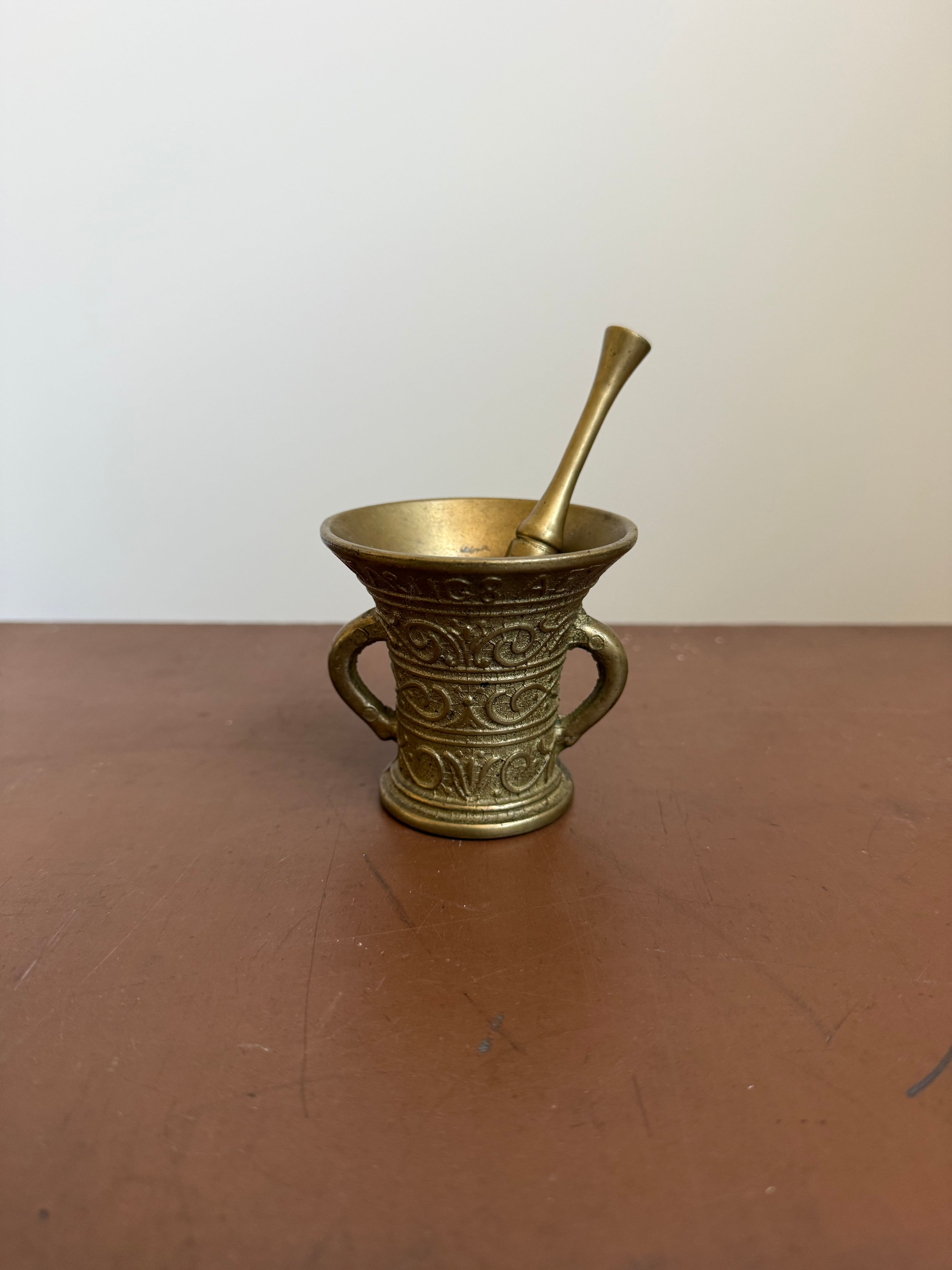 Vintage Mortar & Pestle In Engraved Brass