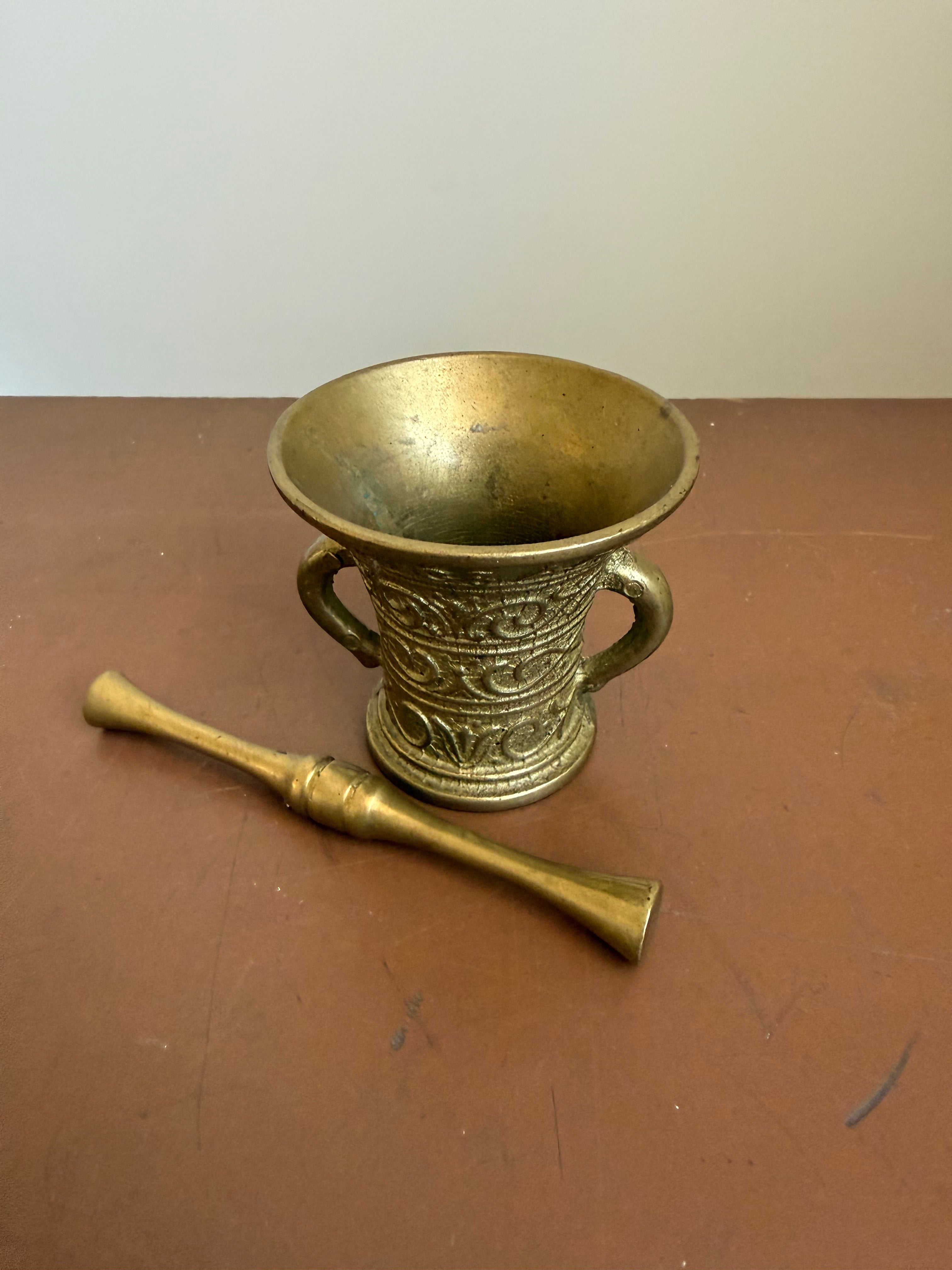 Vintage Mortar & Pestle In Engraved Brass