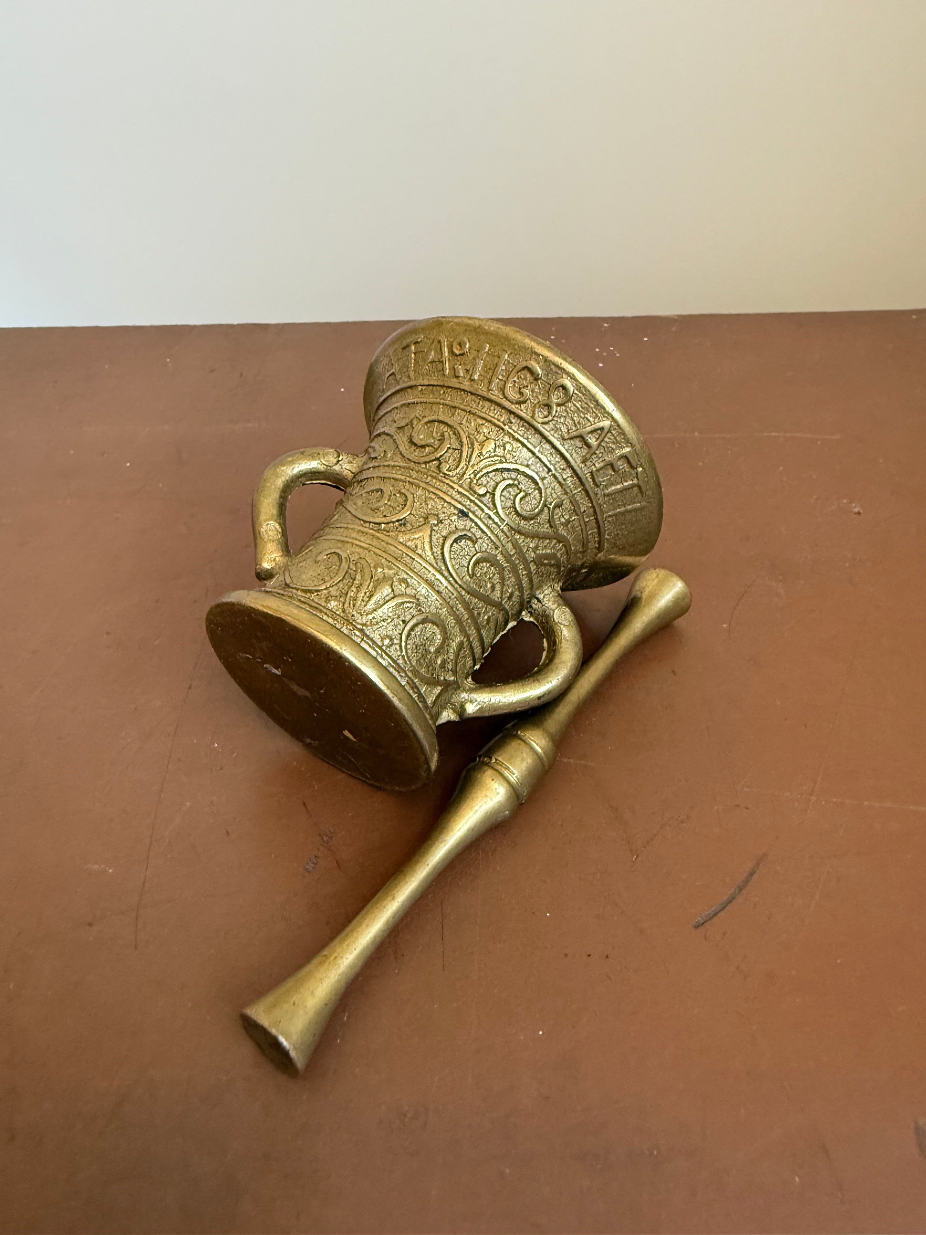 Vintage Mortar & Pestle In Engraved Brass