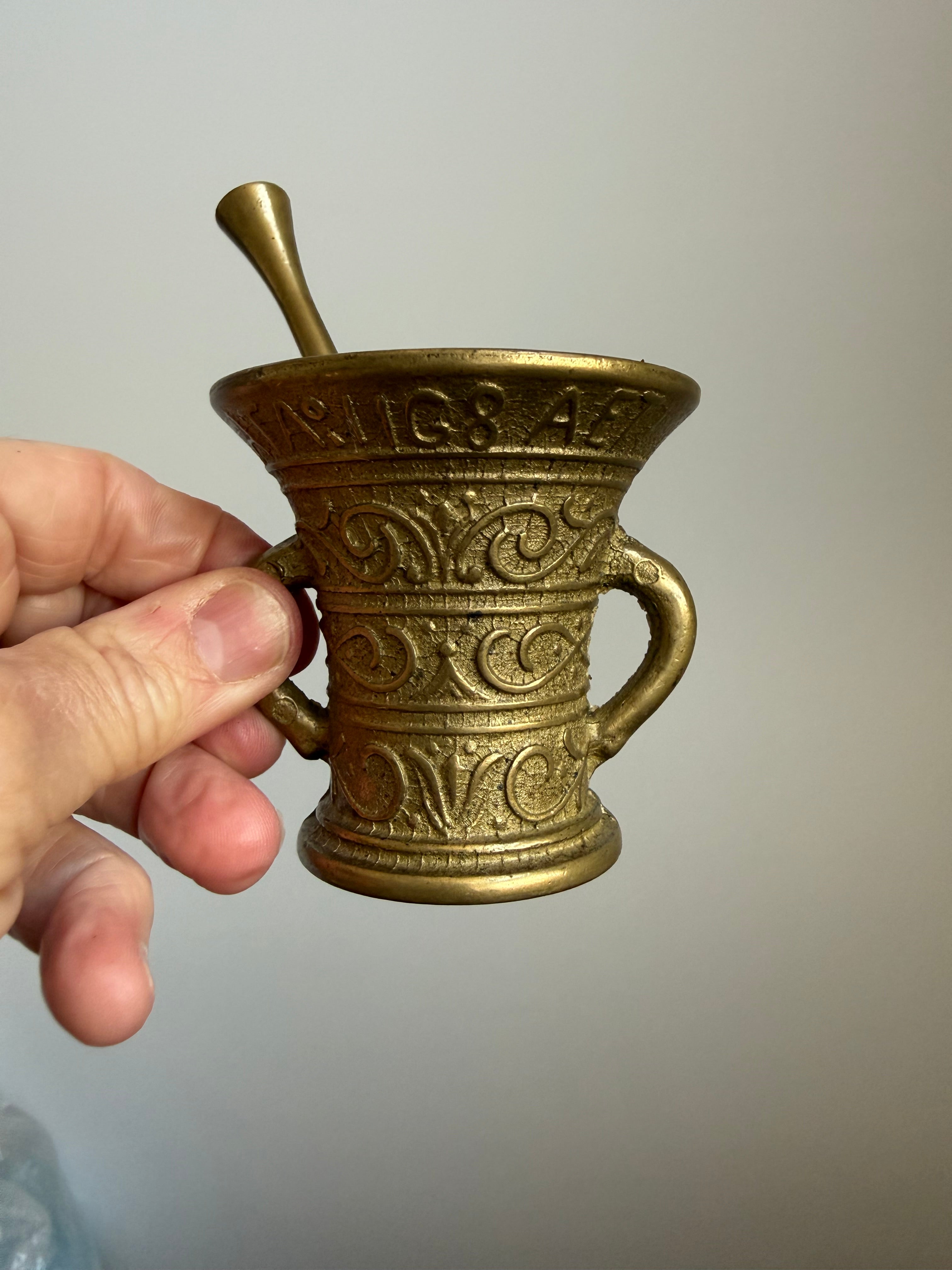 Vintage Mortar & Pestle In Engraved Brass