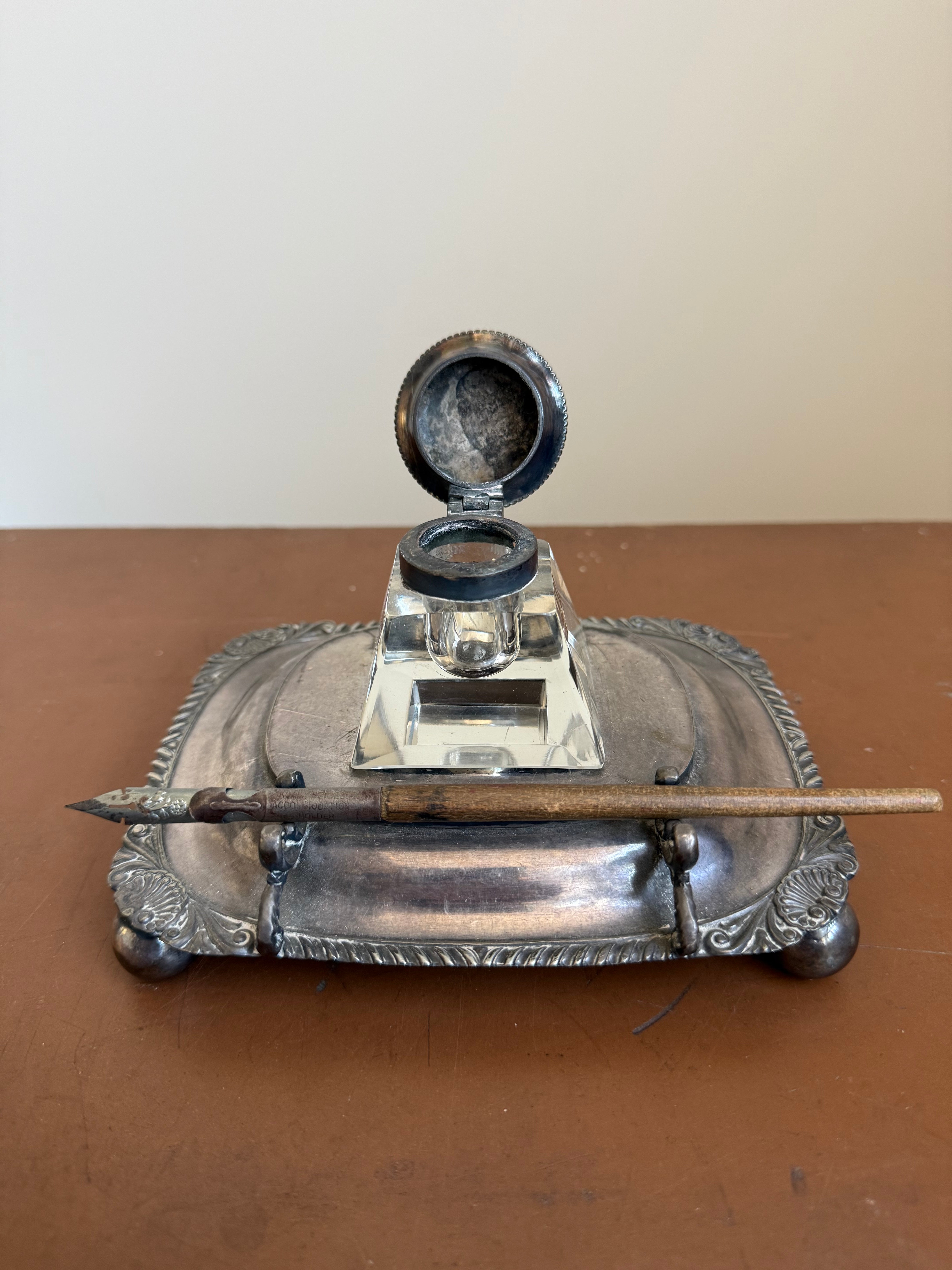 Antique Silver Plated Inkwell On Stand & Pen Holder