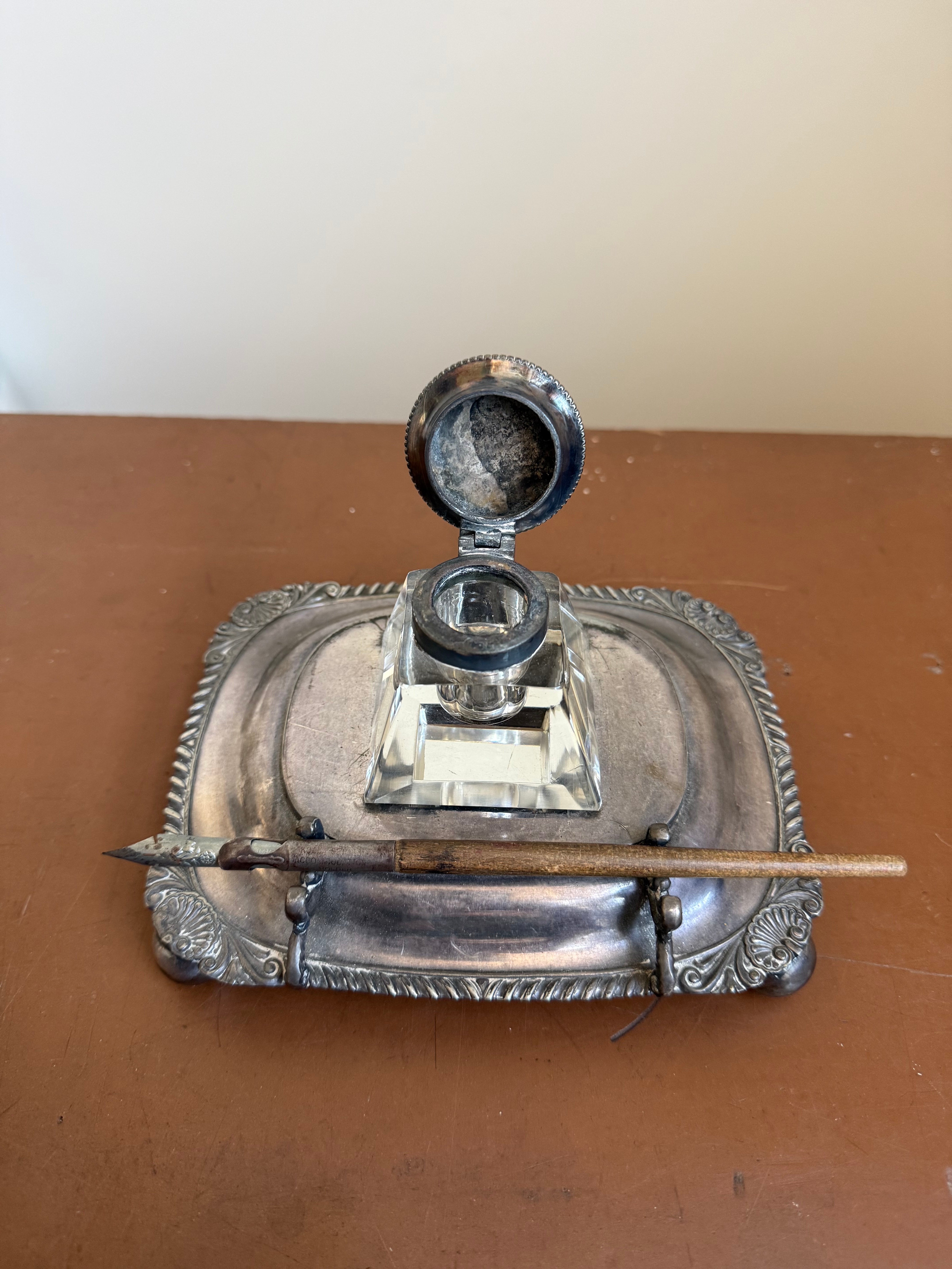 Antique Silver Plated Inkwell On Stand & Pen Holder
