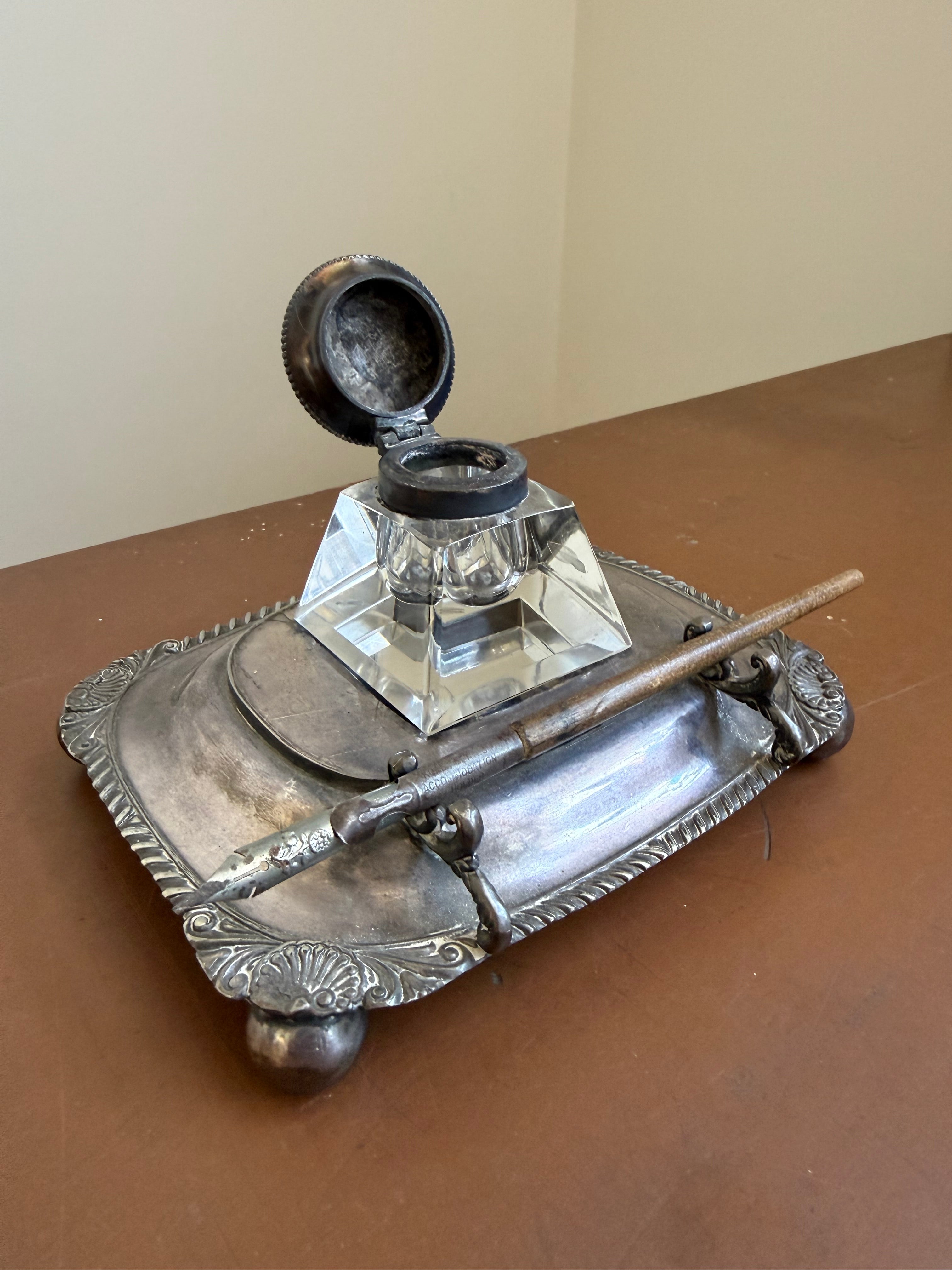 Antique Silver Plated Inkwell On Stand & Pen Holder