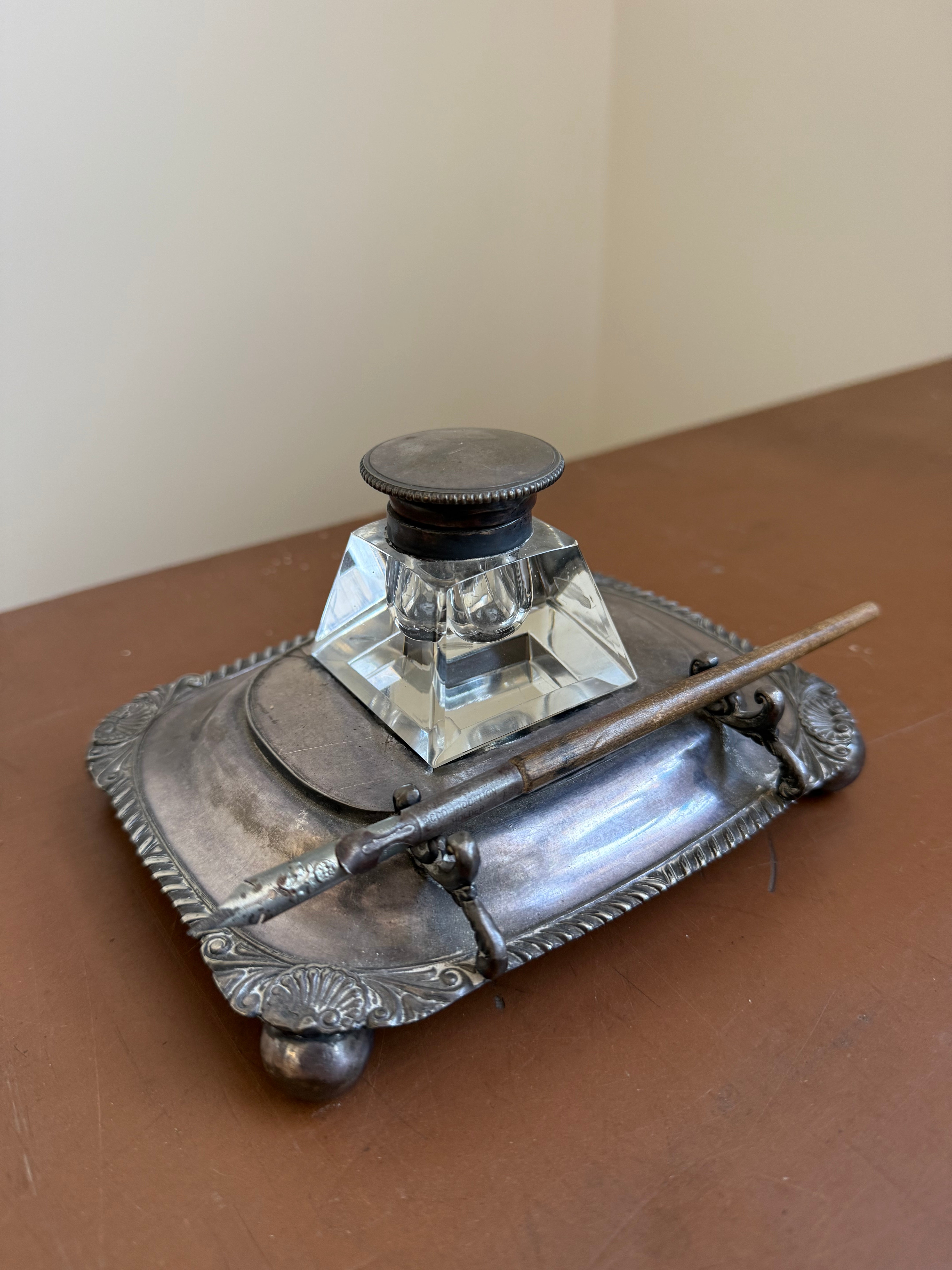 Antique Silver Plated Inkwell On Stand & Pen Holder