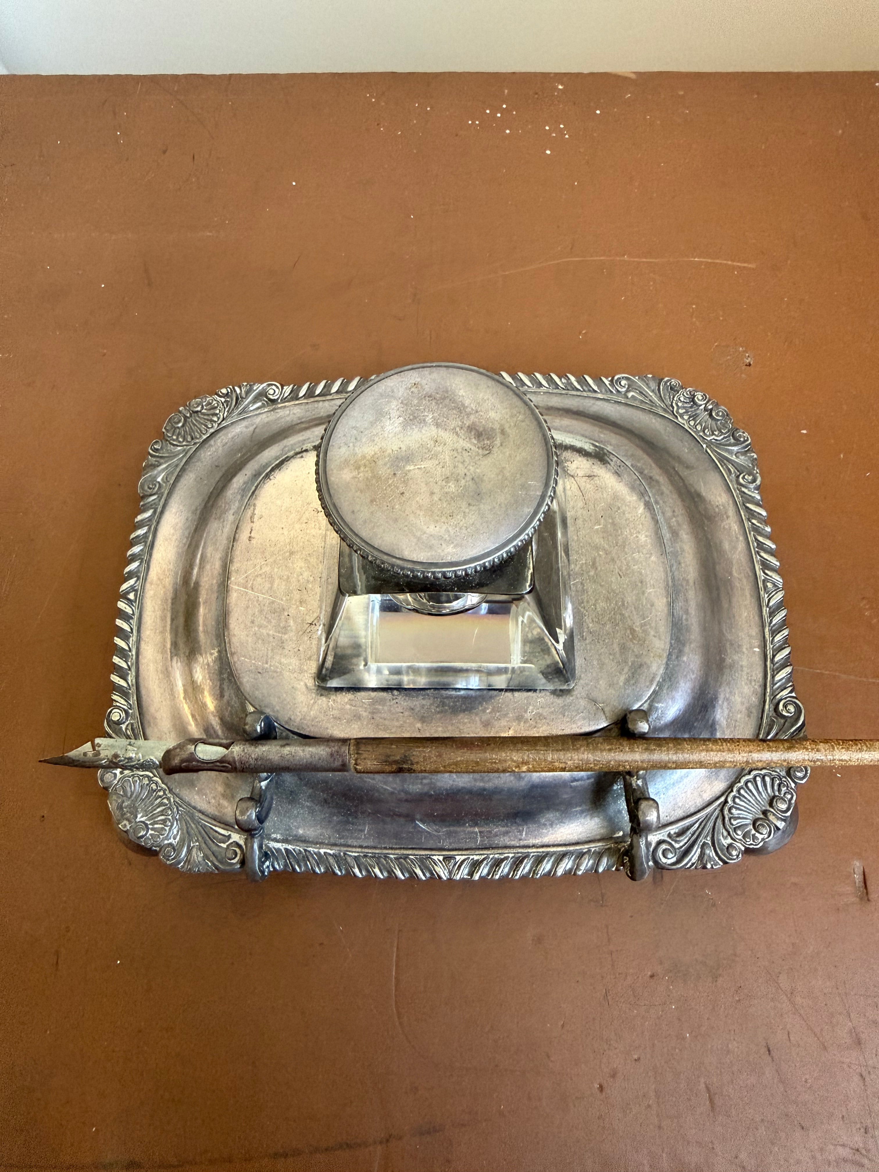 Antique Silver Plated Inkwell On Stand & Pen Holder