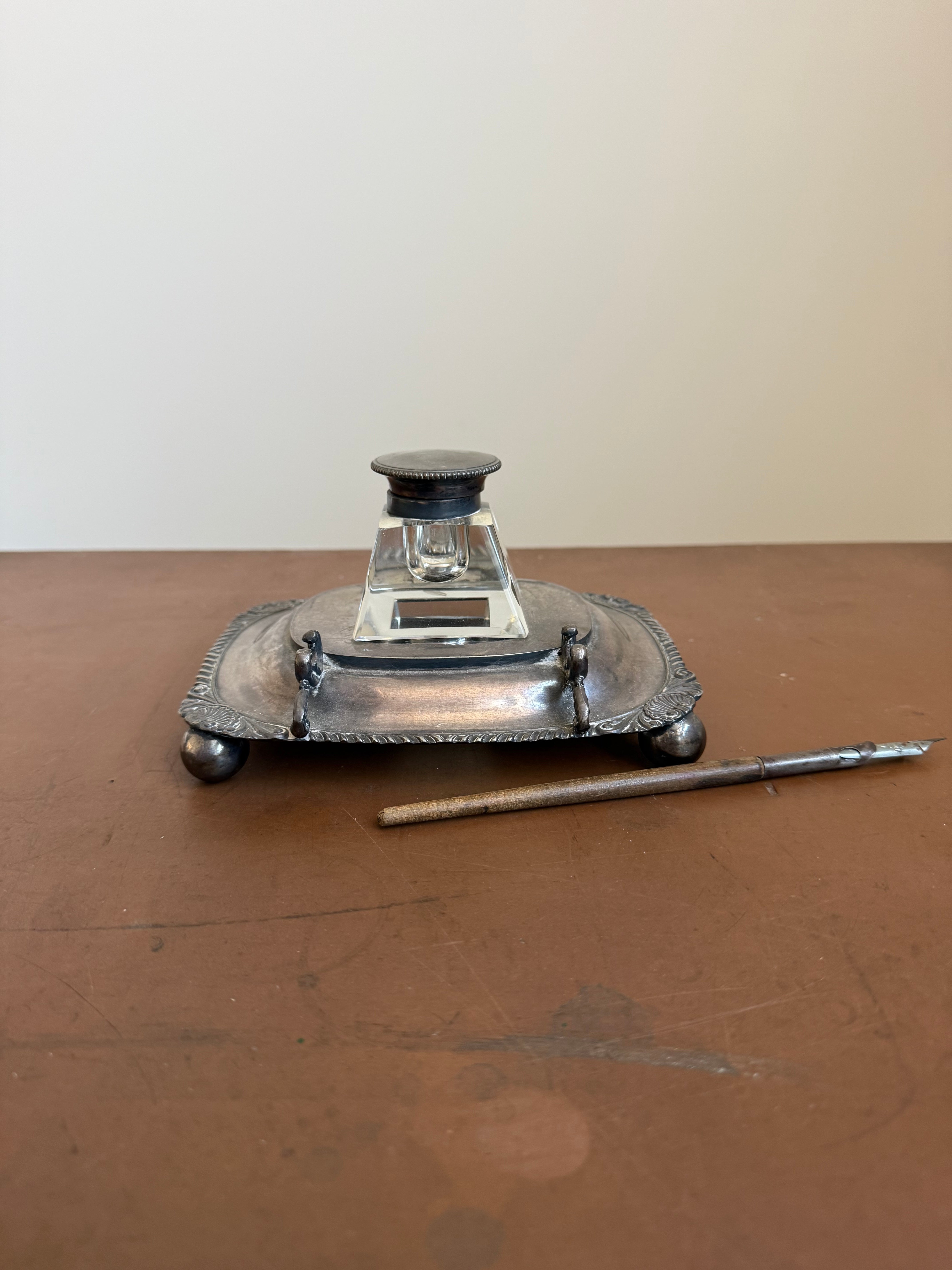 Antique Silver Plated Inkwell On Stand & Pen Holder