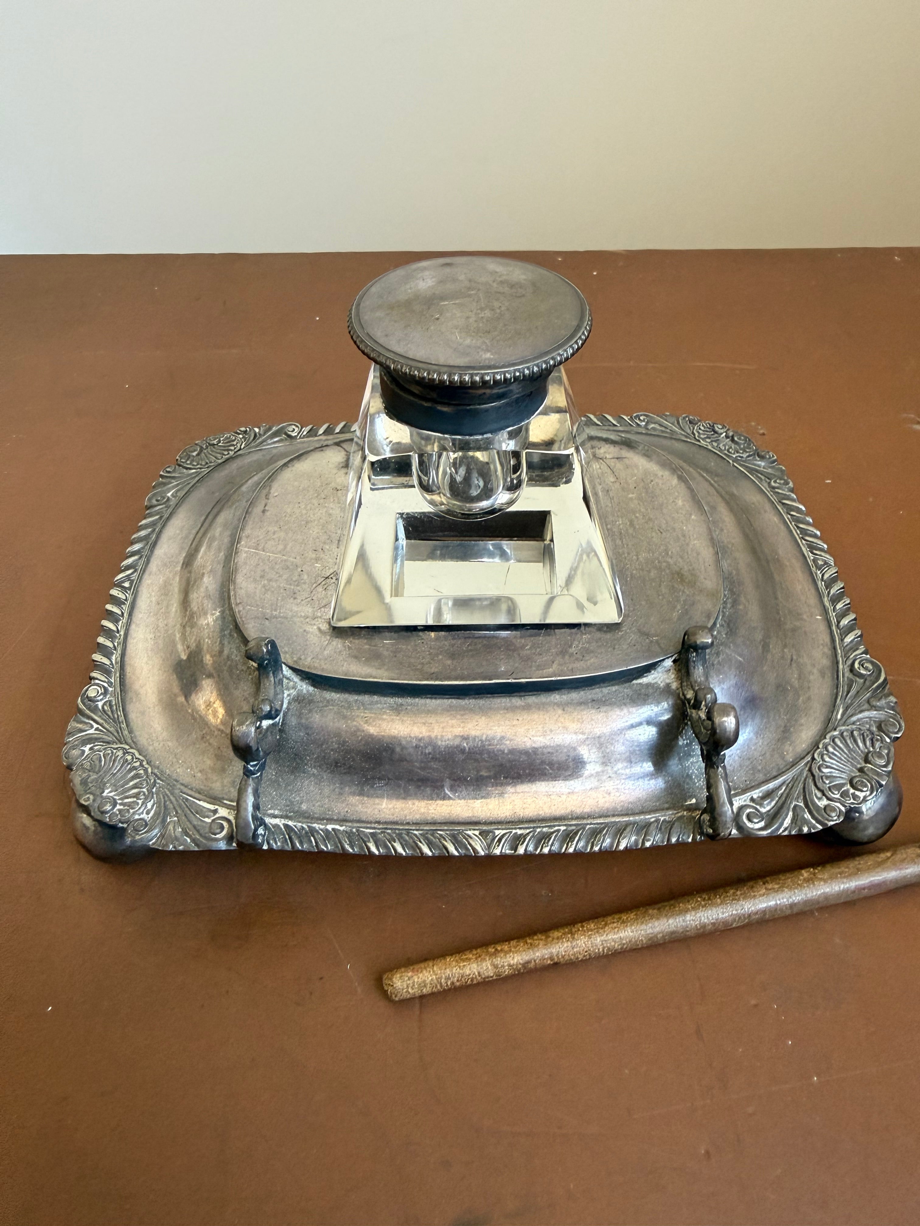 Antique Silver Plated Inkwell On Stand & Pen Holder