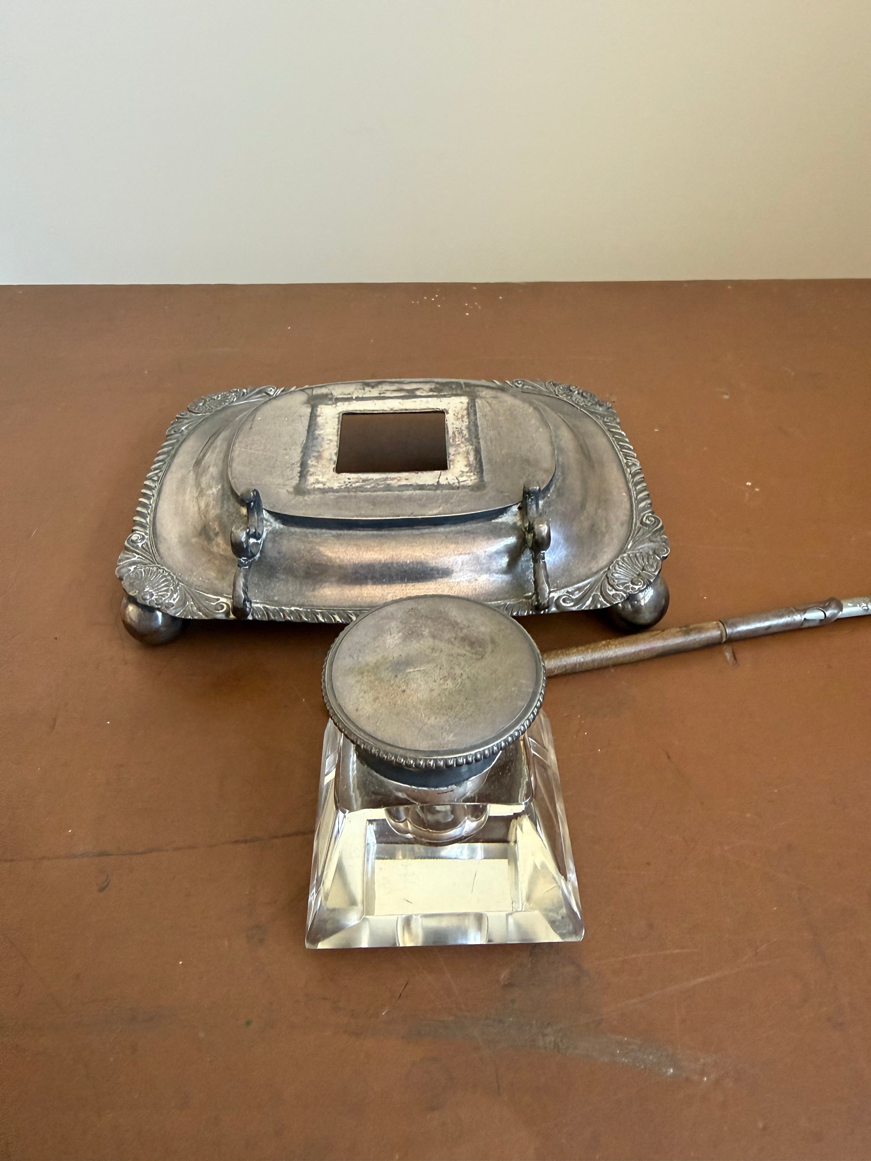 Antique Silver Plated Inkwell On Stand & Pen Holder