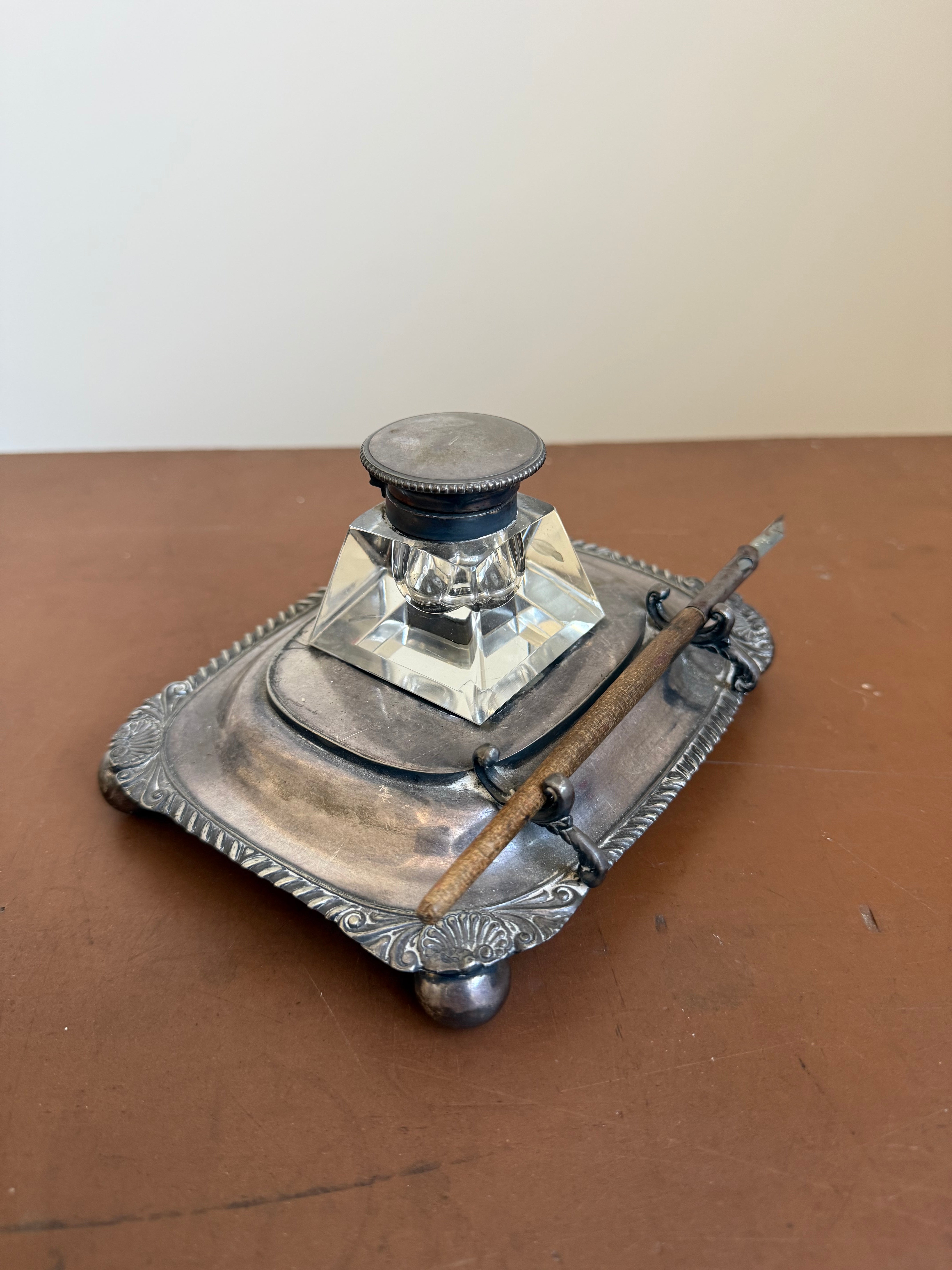 Antique Silver Plated Inkwell On Stand & Pen Holder