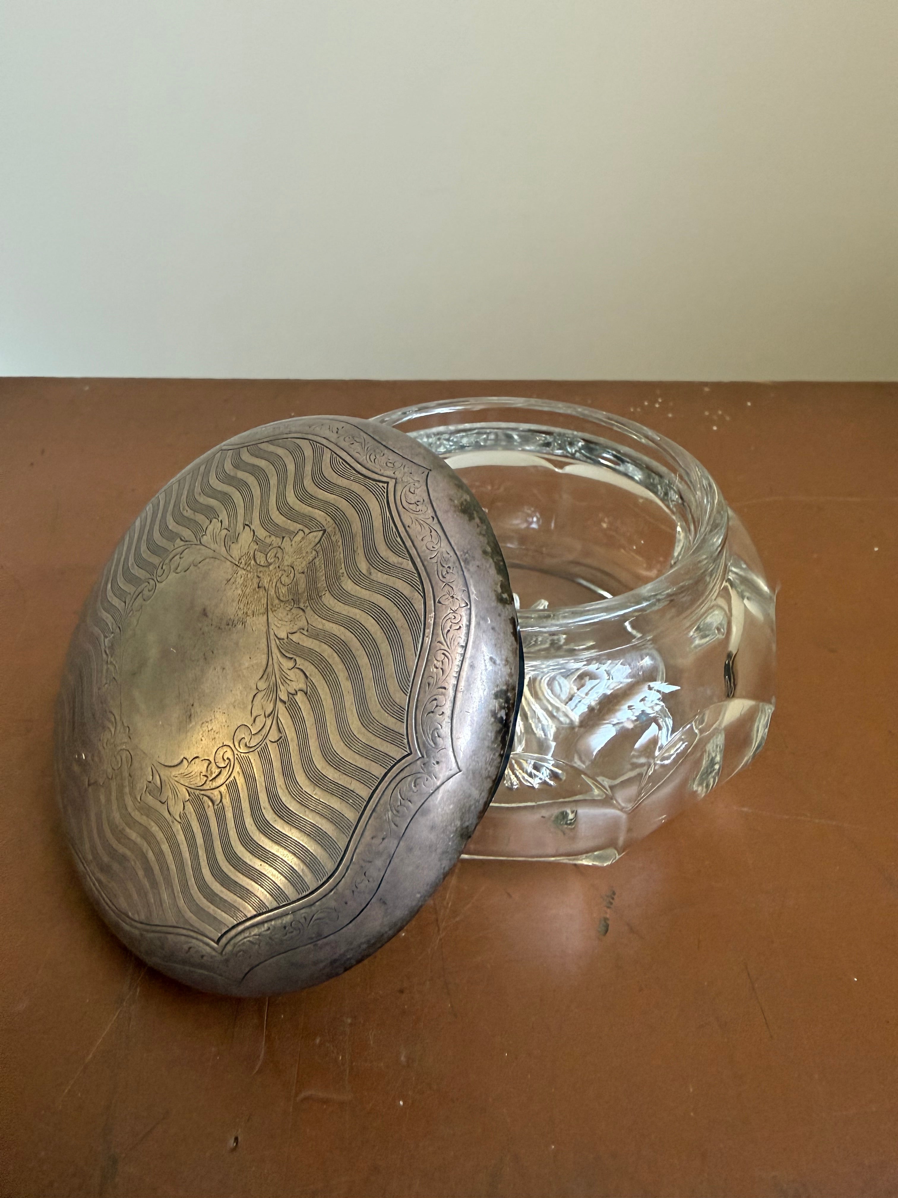 Vintage Powder/Trinket Pressed Glass Bowl & Silver Plated Top