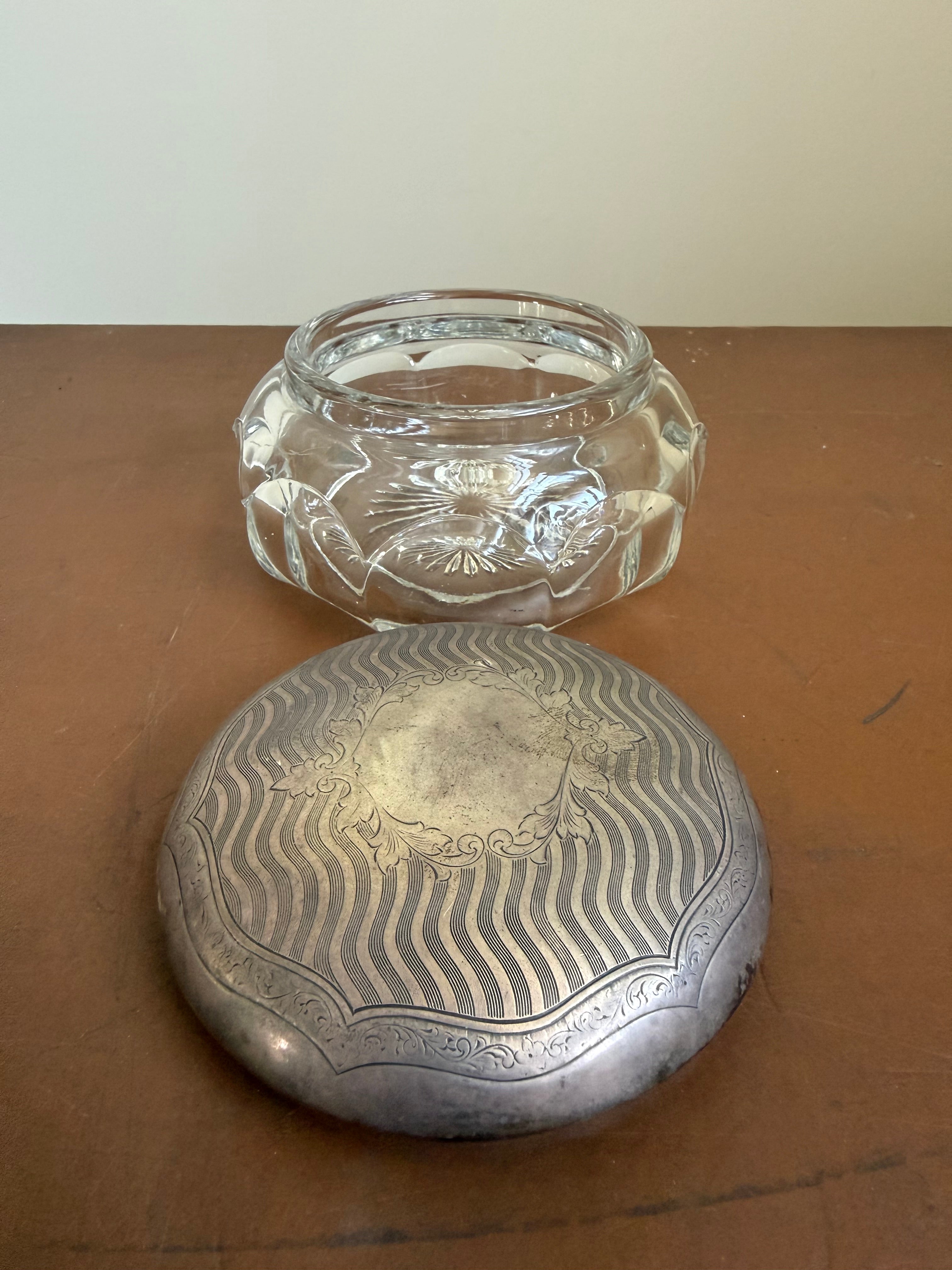Vintage Powder/Trinket Pressed Glass Bowl & Silver Plated Top