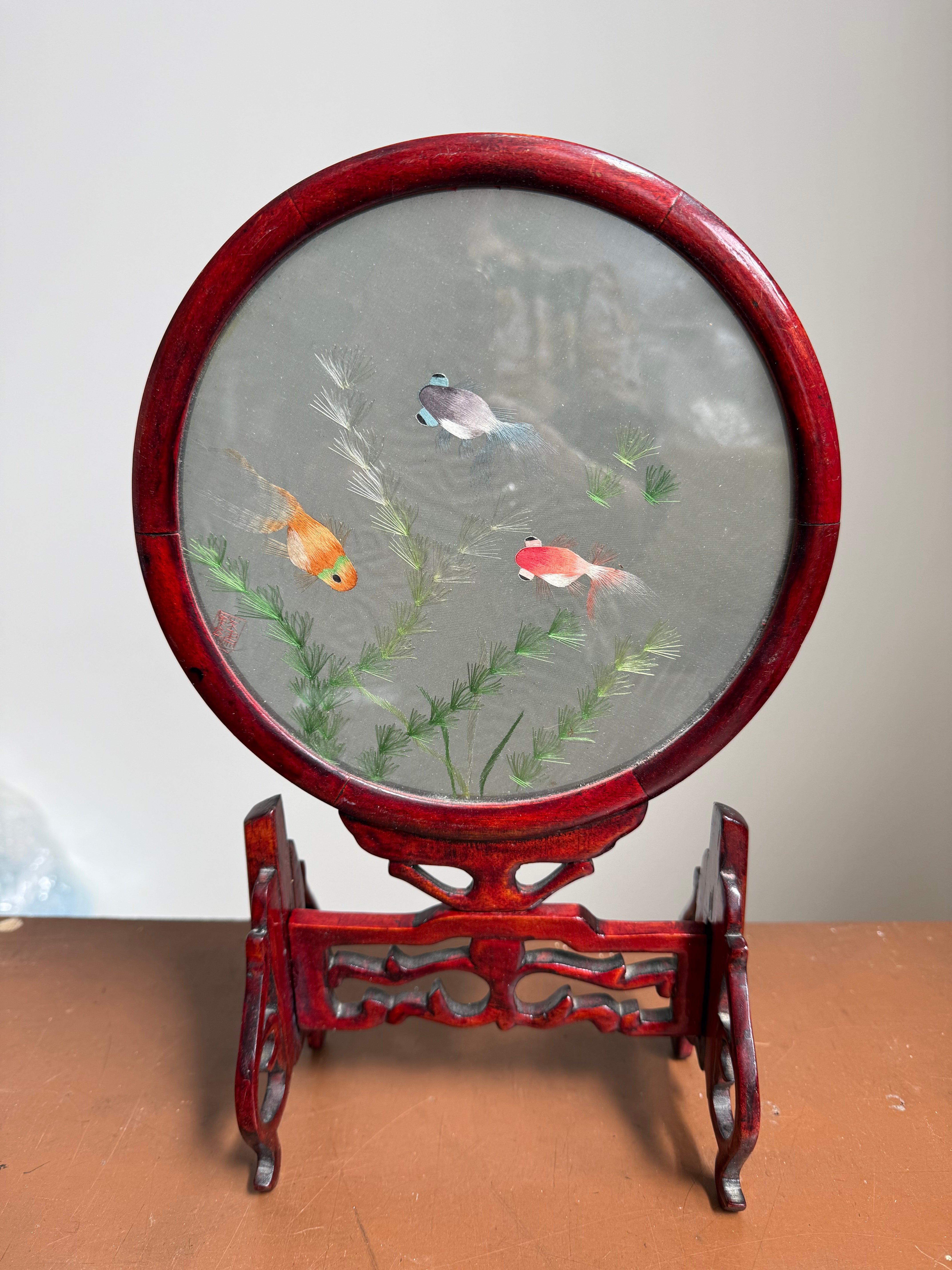 Vintage Chinese Silk Embroidery Screen On Stand