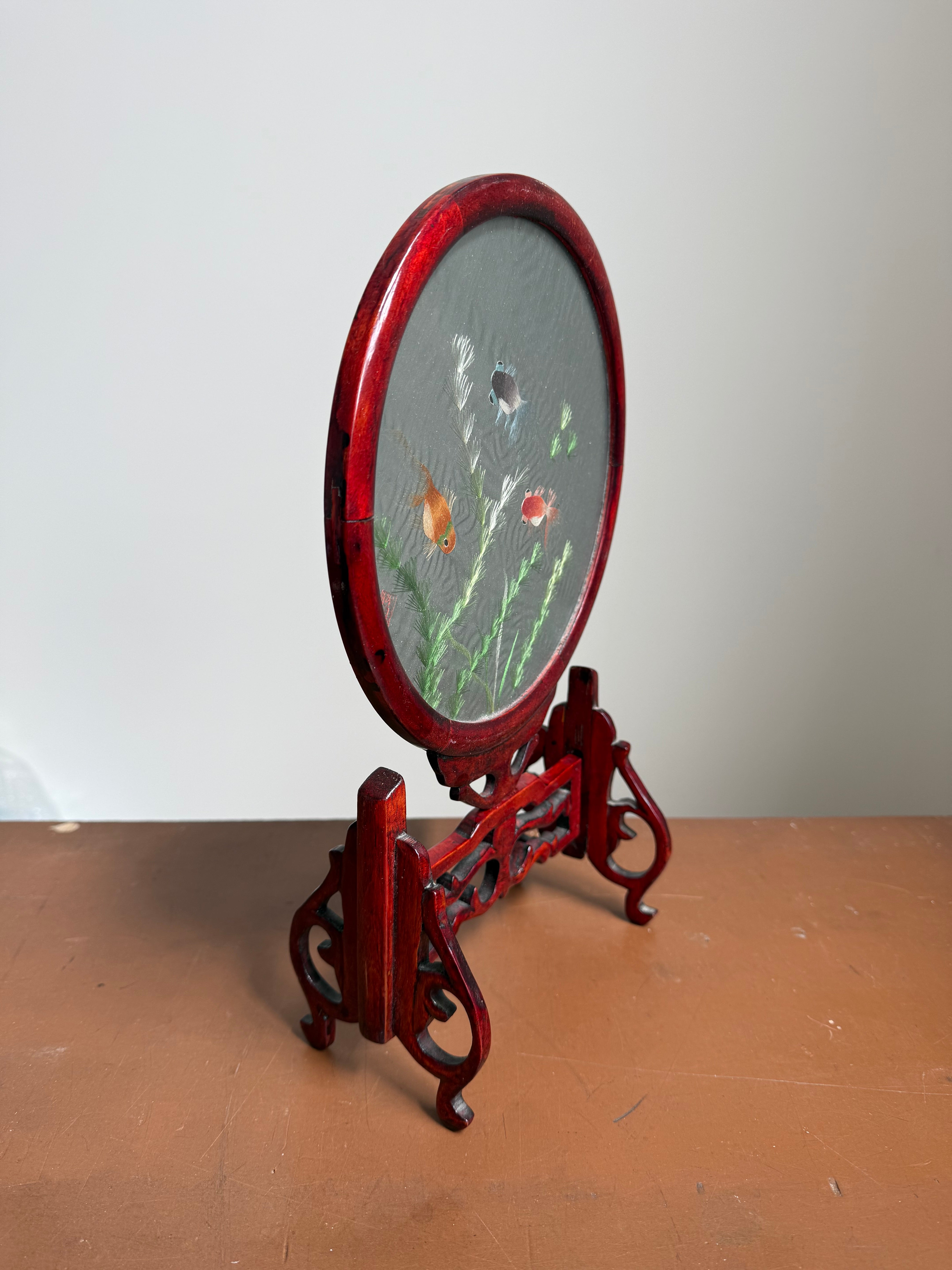 Vintage Chinese Silk Embroidery Screen On Stand