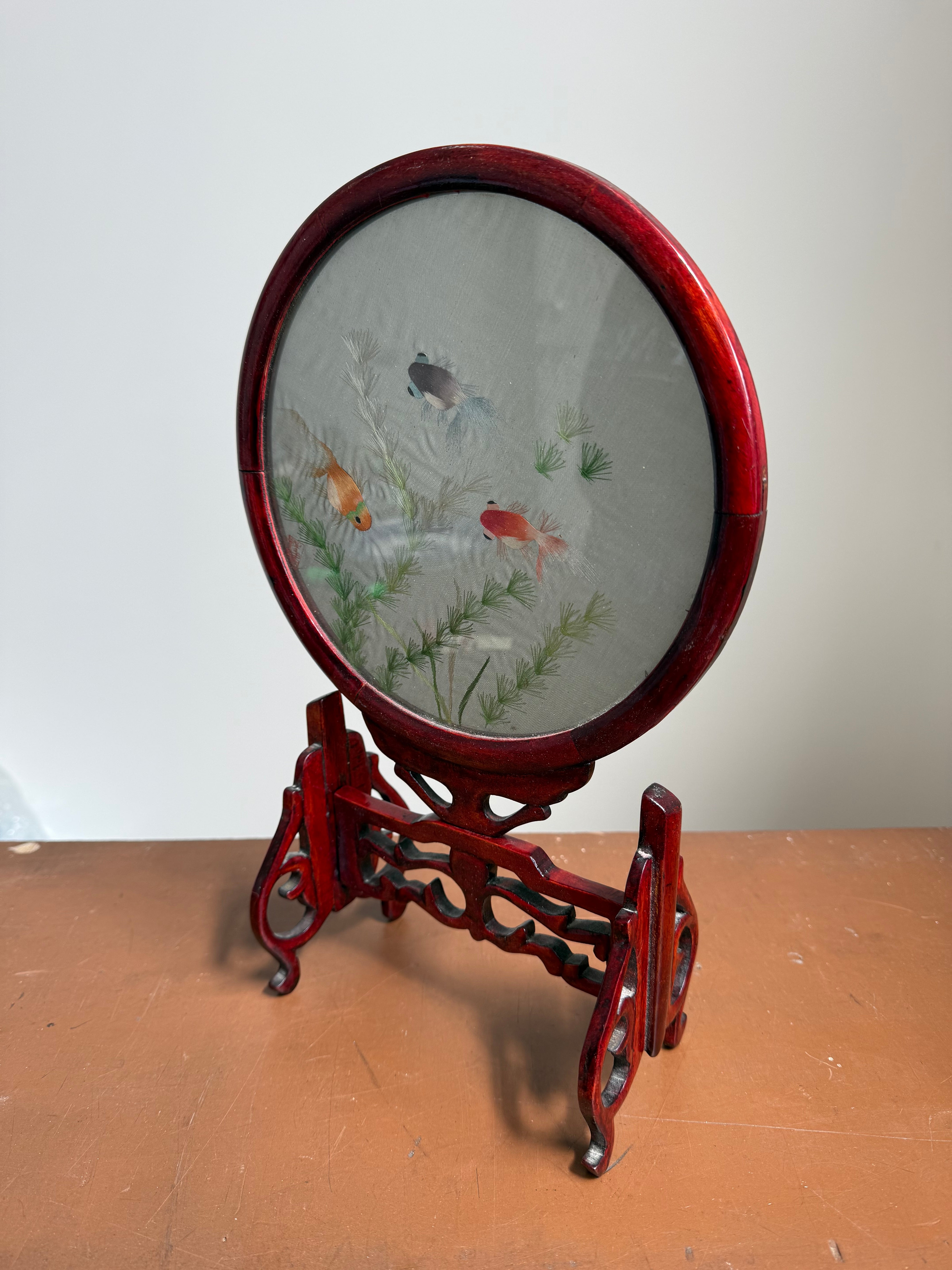 Vintage Chinese Silk Embroidery Screen On Stand