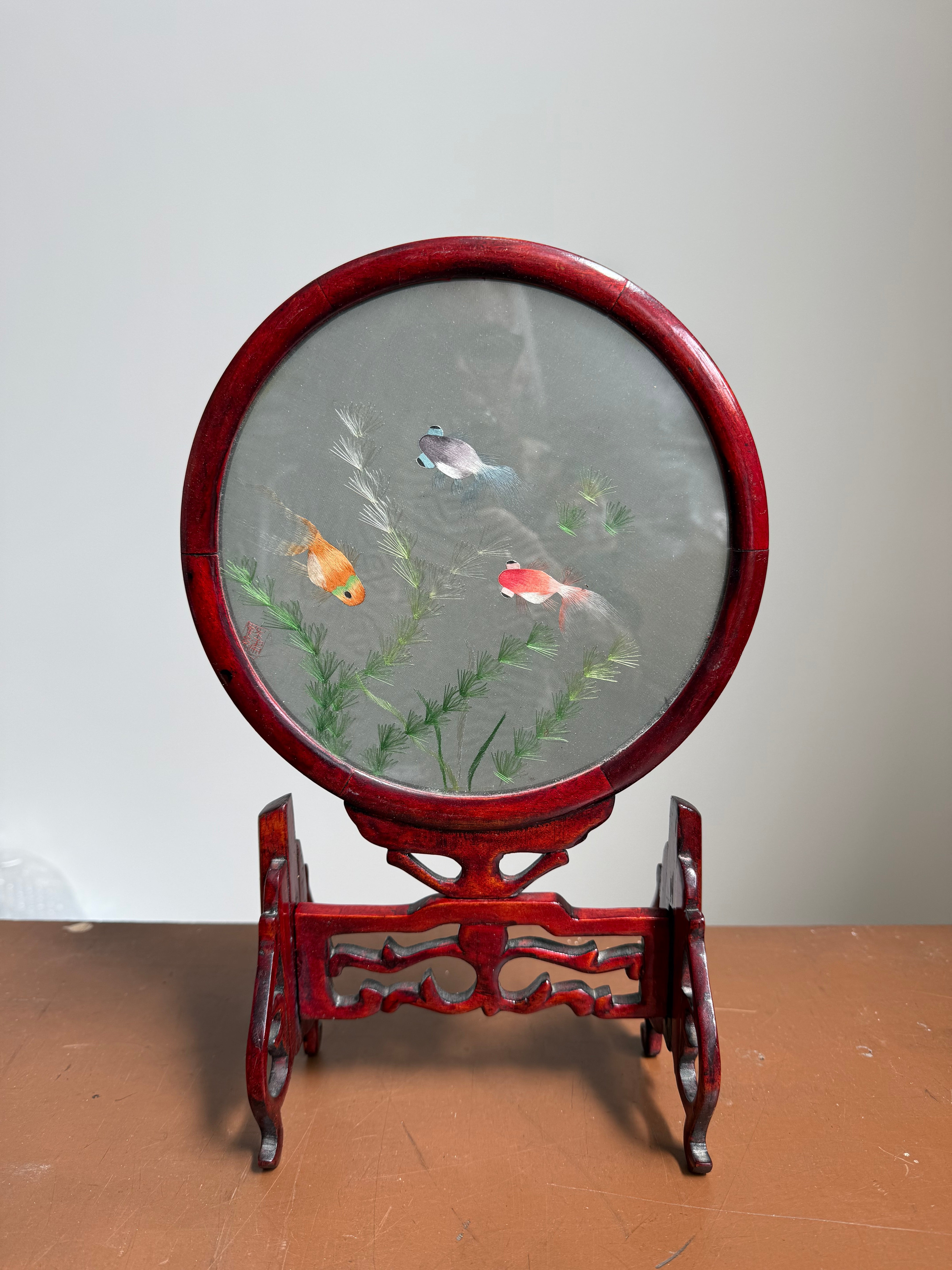 Vintage Chinese Silk Embroidery Screen On Stand
