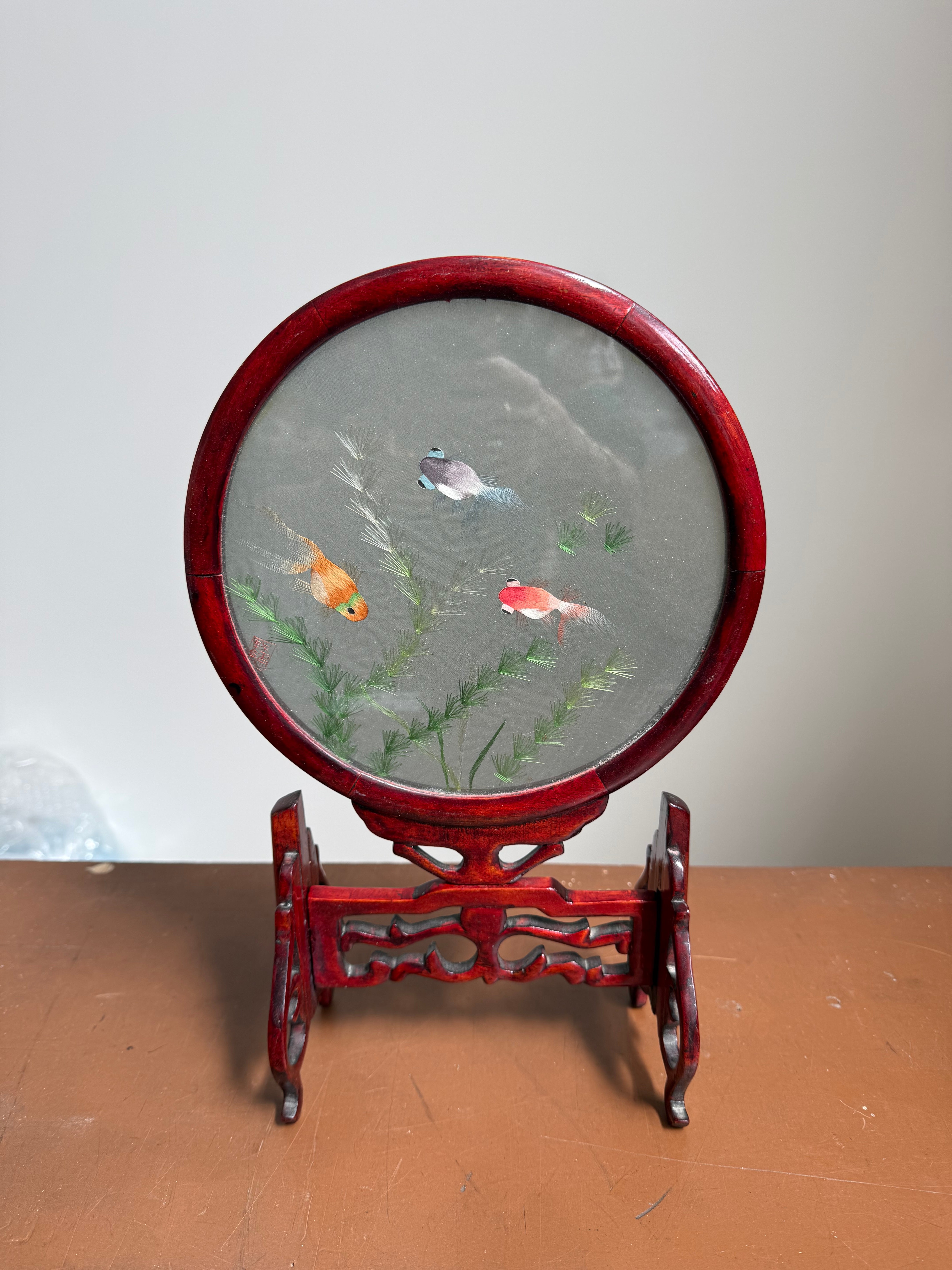 Vintage Chinese Silk Embroidery Screen On Stand