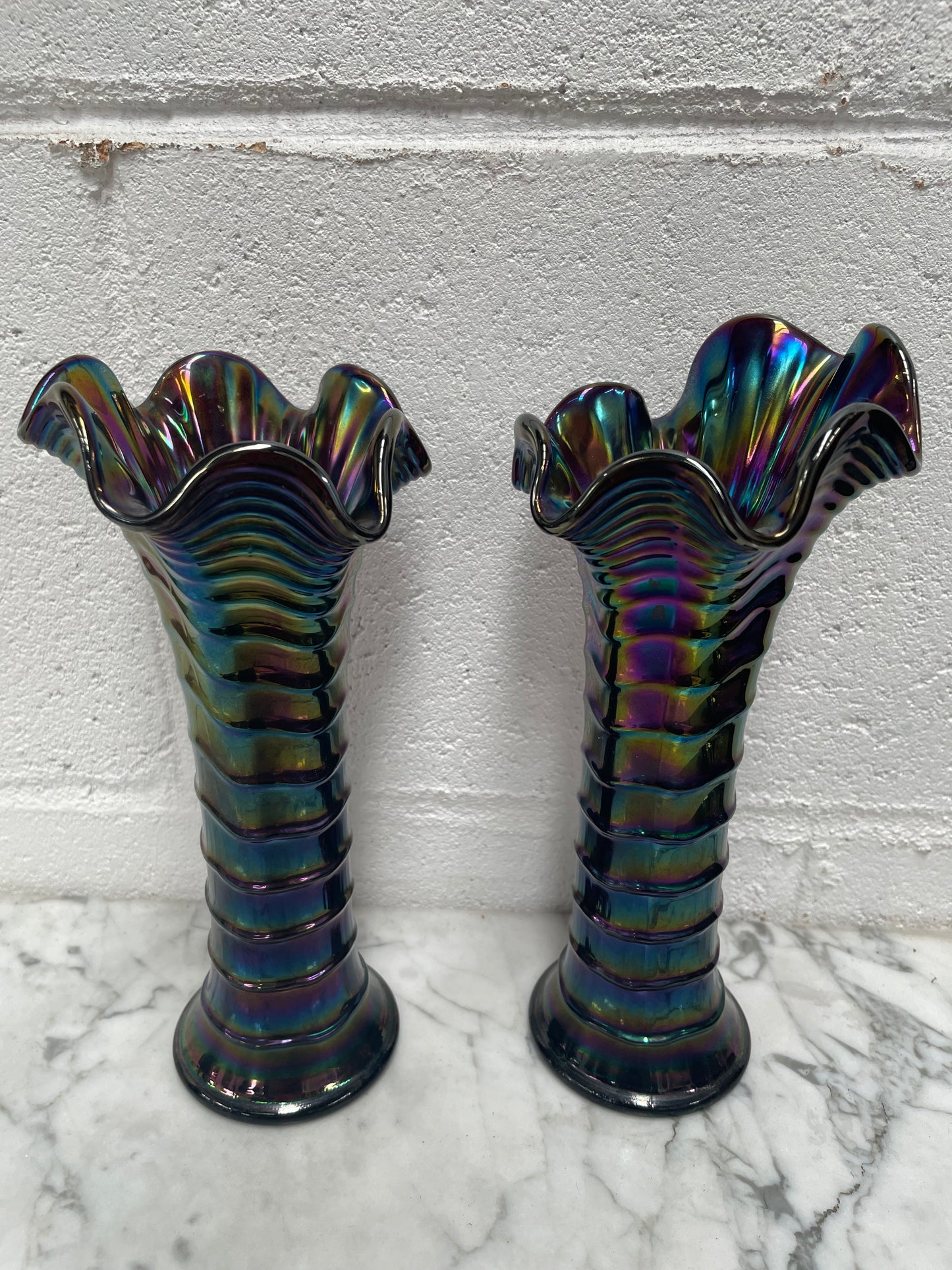 Pair of Iridescent Canival Glass Vases