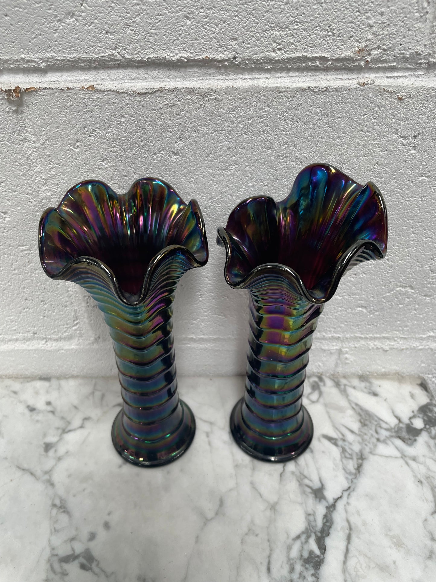 Pair of Iridescent Canival Glass Vases