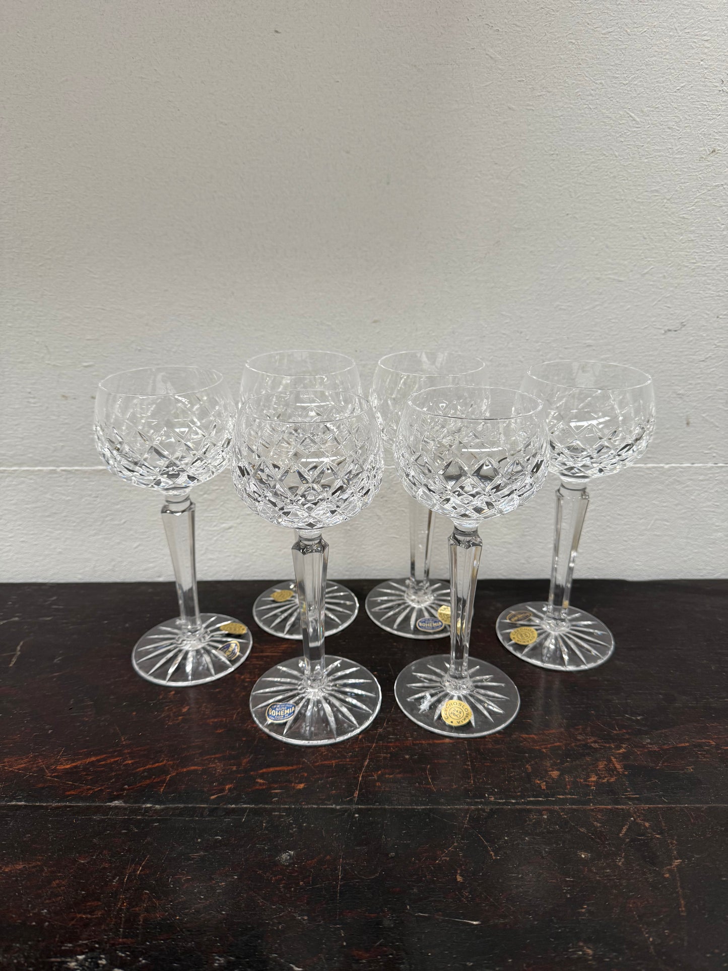Vintage Set 6 Bohemia Hand Cut Lead Crystal Hock Wine Glasses