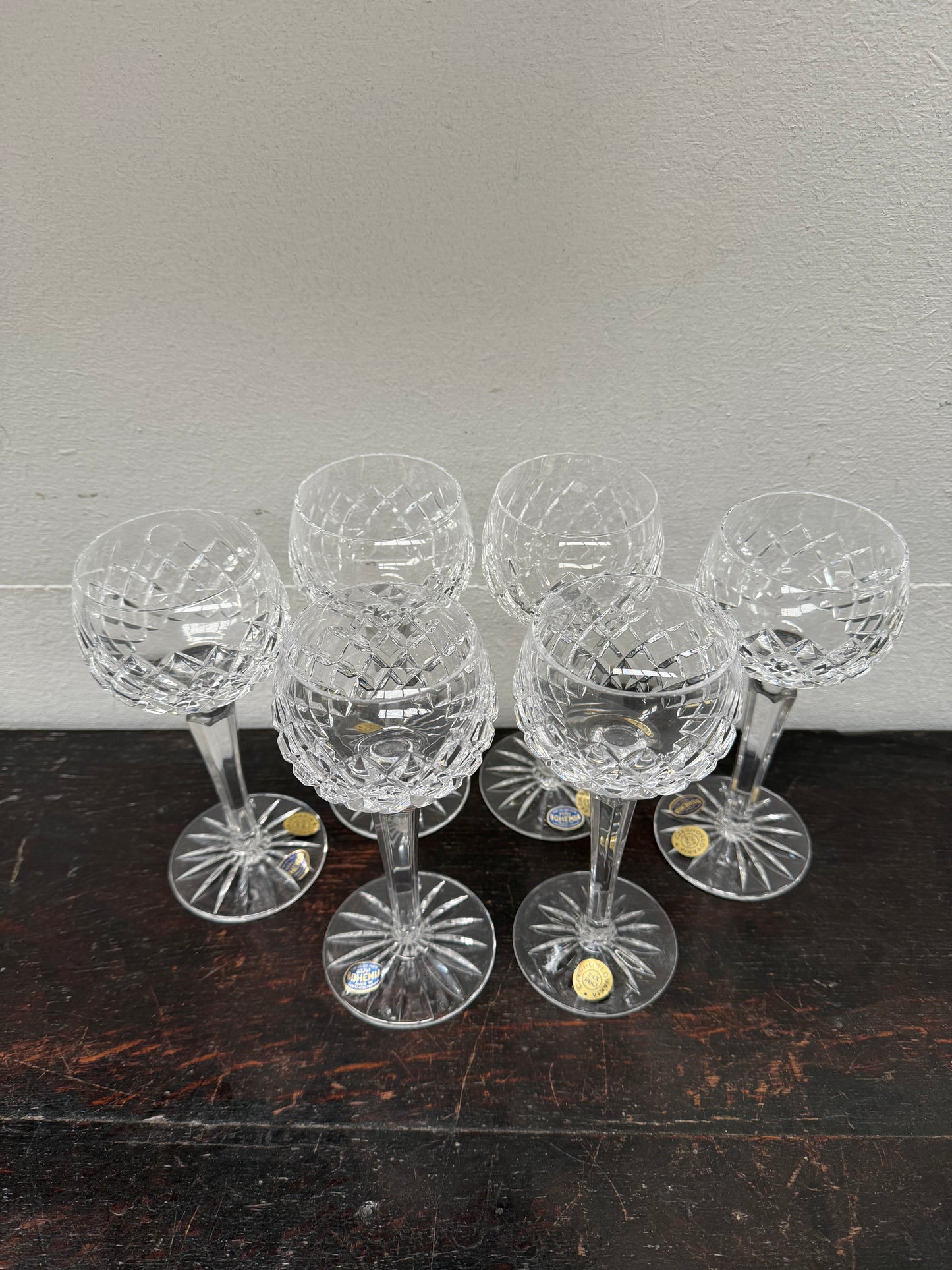 Vintage Set 6 Bohemia Hand Cut Lead Crystal Hock Wine Glasses
