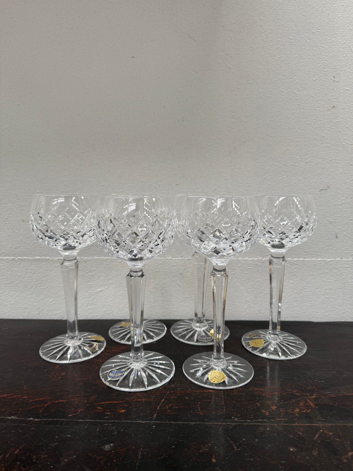 Vintage Set 6 Bohemia Hand Cut Lead Crystal Hock Wine Glasses