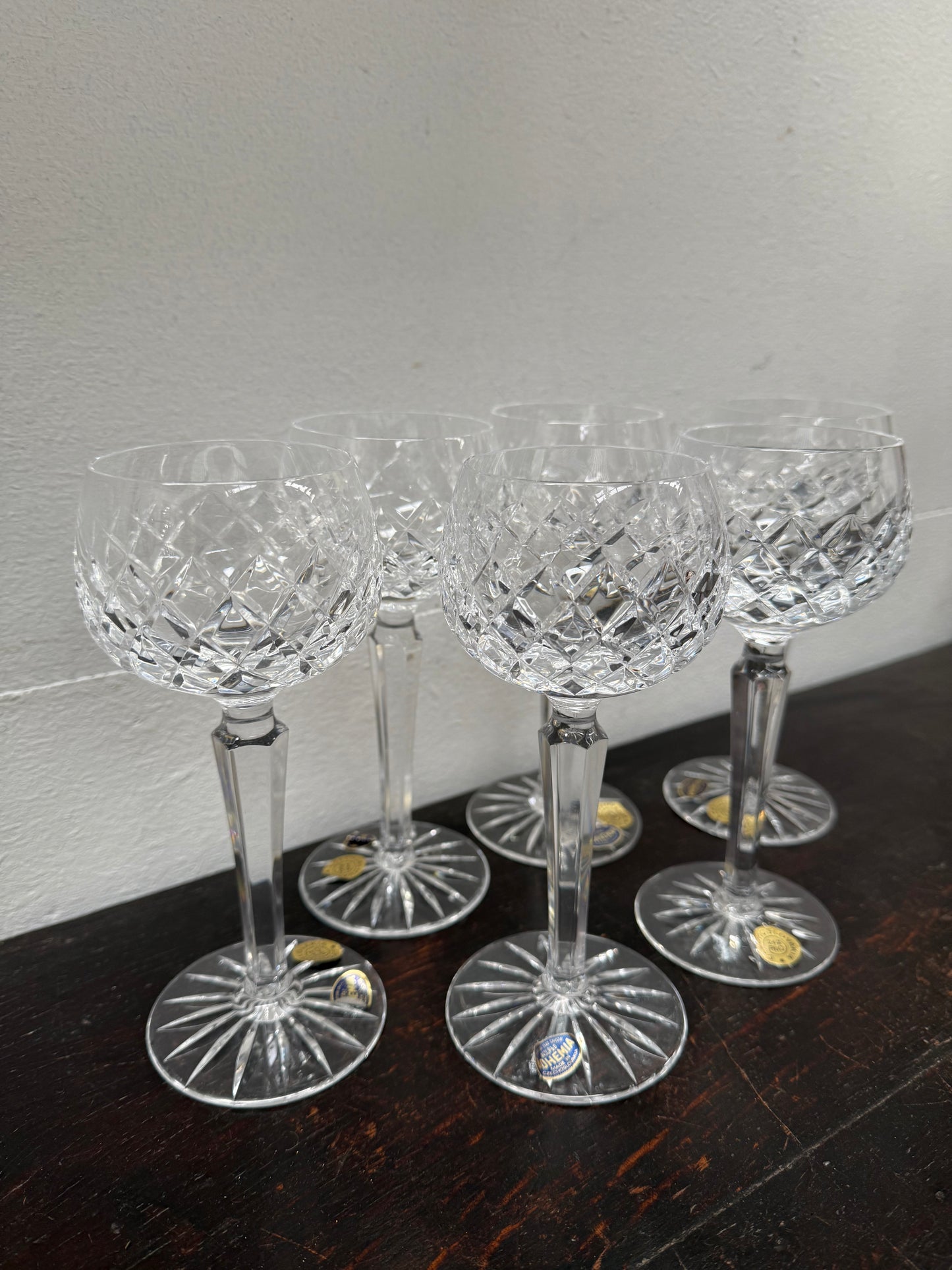 Vintage Set 6 Bohemia Hand Cut Lead Crystal Hock Wine Glasses