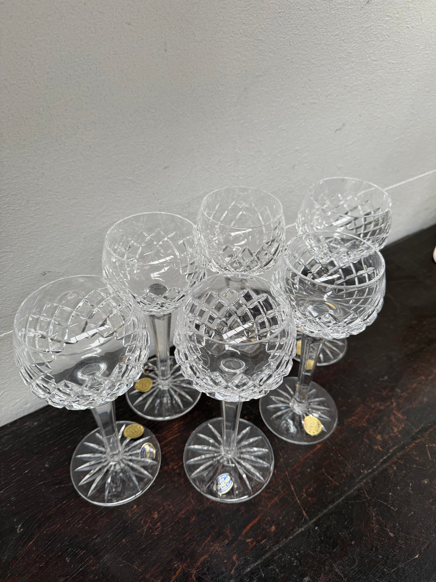 Vintage Set 6 Bohemia Hand Cut Lead Crystal Hock Wine Glasses
