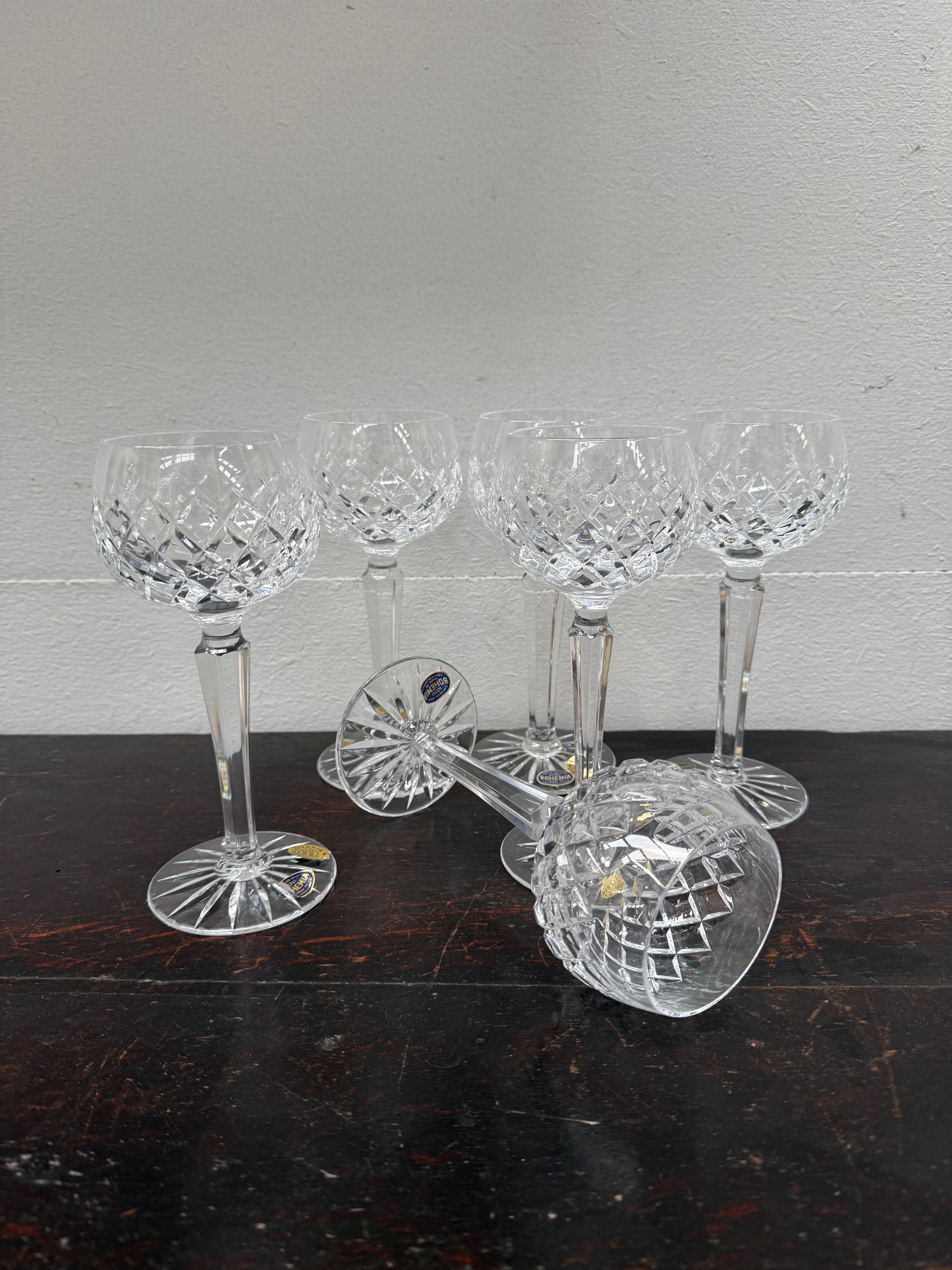 Vintage Set 6 Bohemia Hand Cut Lead Crystal Hock Wine Glasses | Antique & Vintage | Moonee Ponds Antiques | Australia Wide Delivery