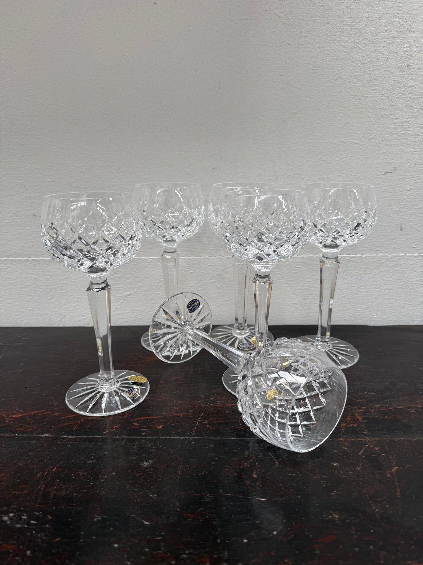 Vintage Set 6 Bohemia Hand Cut Lead Crystal Hock Wine Glasses