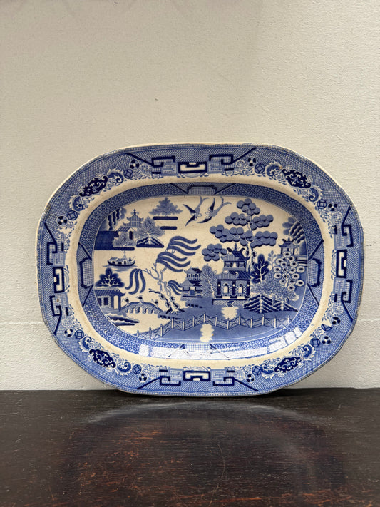 Antique English Willow Pattern Meat Plate c1840's